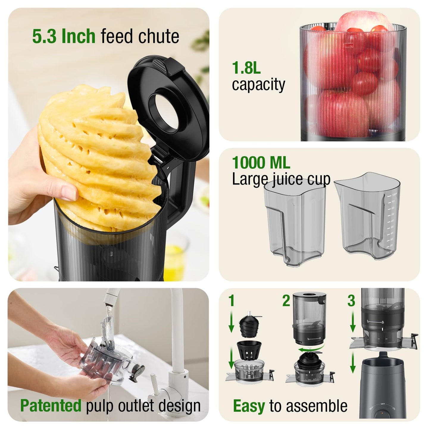 Juicer Machines, TUUMIIST Cold Press Juicer with 5.3" Extra Large Feed Chute Fit Whole Fruits & Vegetables Easy to Clean, High Juice Yield, BPA Free (Black)