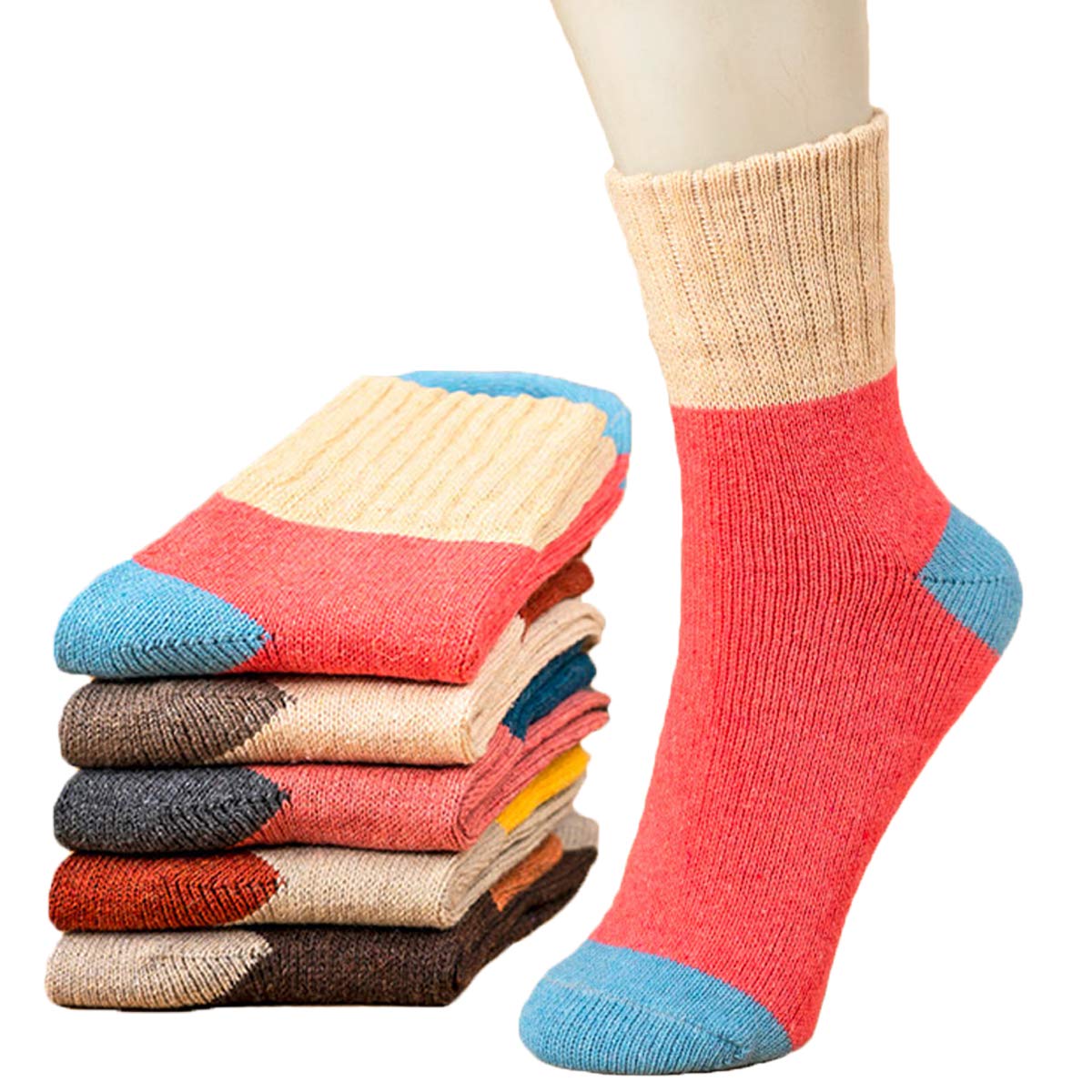 YZKKE 5Pack Womens Vintage Winter Soft Warm Thick Cold Knit Wool Crew Socks, Multicolor, free size