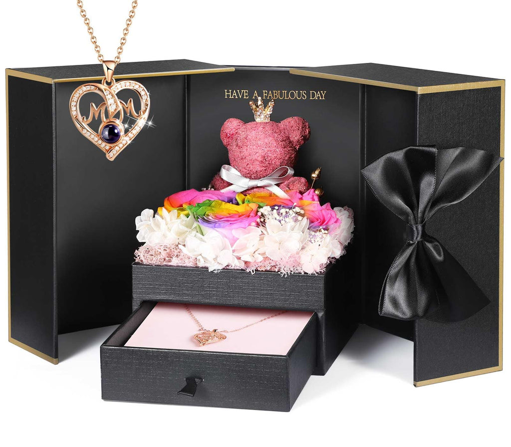 ADDWel Rose Gifts for Women Birthday Christmas - Preserved Real Roses Forever Red Flowers with I Love You in 100 Languages Necklace and Cute Moss Bear for Girlfriend Wife Mom Grandma