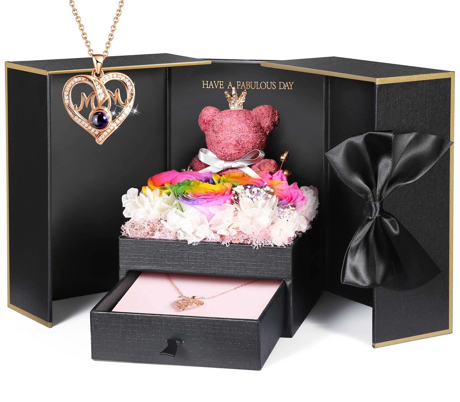 ADDWel Rose Gifts for Women Birthday Christmas - Preserved Real Roses Forever Red Flowers with I Love You in 100 Languages Necklace and Cute Moss Bear for Girlfriend Wife Mom Grandma