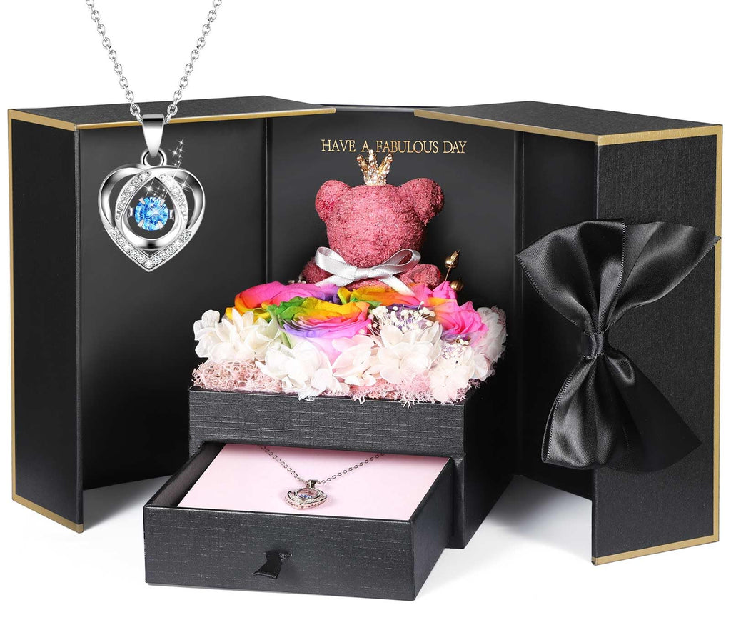 ADDWel Rose Gifts for Women Birthday Christmas - Preserved Real Roses Forever Red Flowers with I Love You in 100 Languages Necklace and Cute Moss Bear for Girlfriend Wife Mom Grandma