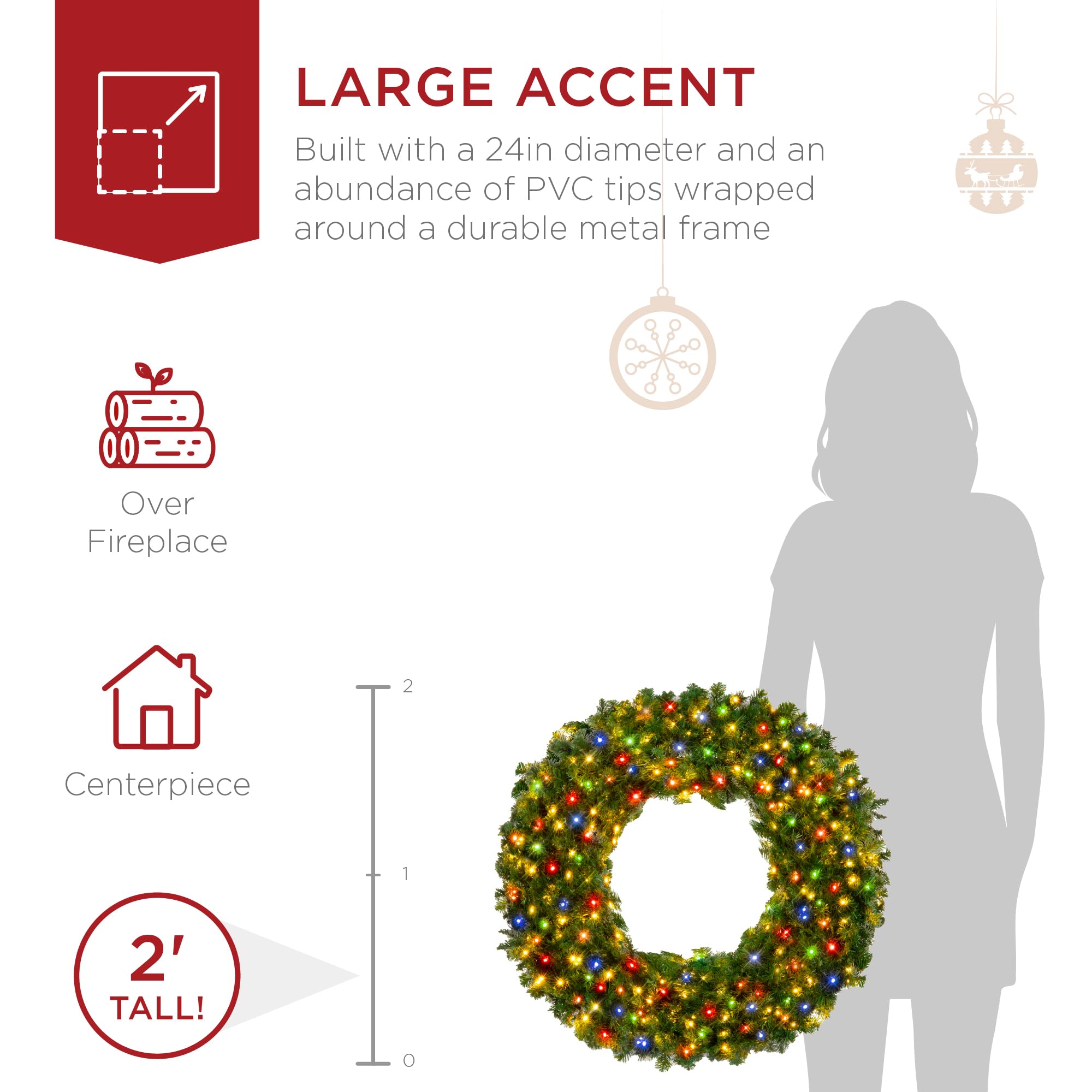 Best Choice Products 48in Large Artificial Pre-Lit Fir Christmas Wreath Holiday Accent Decoration w/ 200 LED Lights, 714 PVC Tips