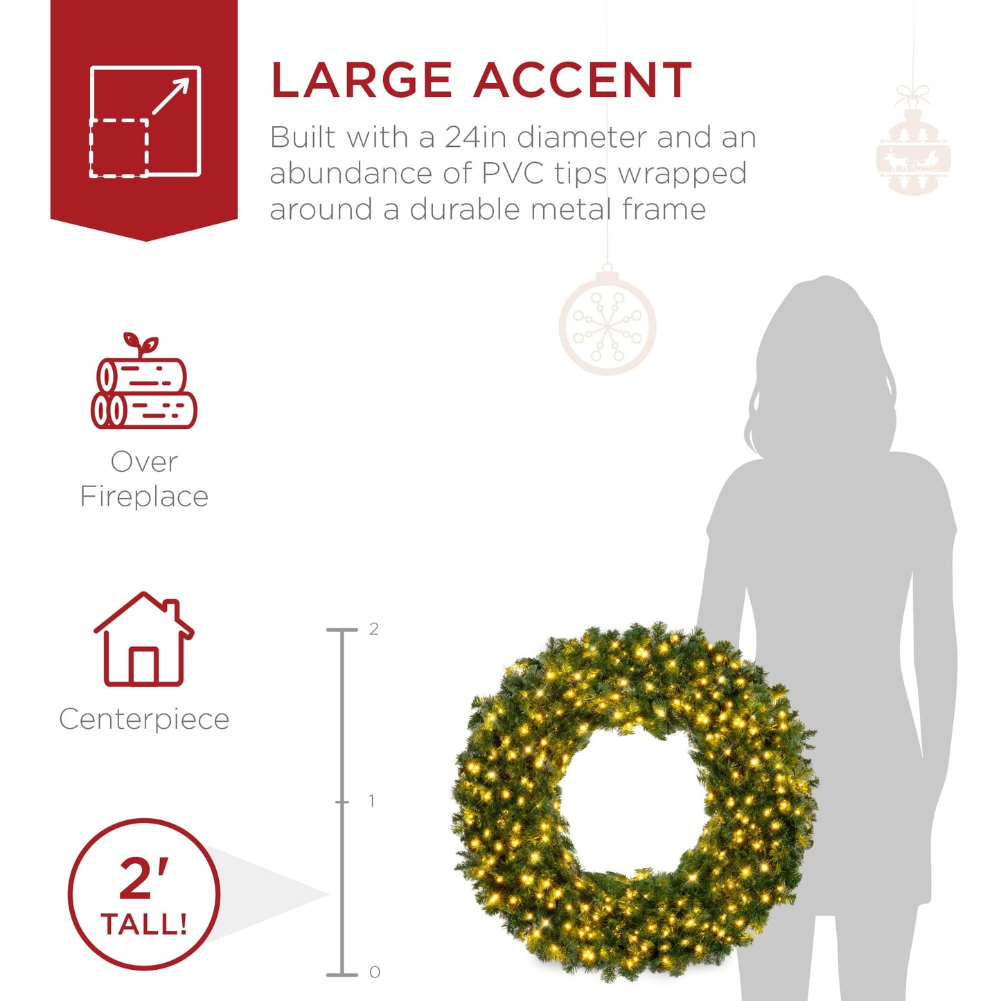 Best Choice Products 48in Large Artificial Pre-Lit Fir Christmas Wreath Holiday Accent Decoration w/ 200 LED Lights, 714 PVC Tips