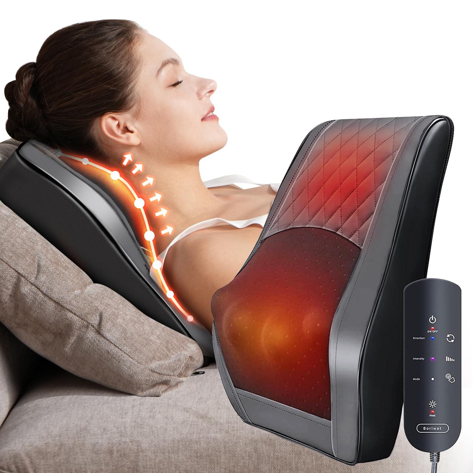 Boriwat Back Massager with Heat, 3D Kneading Massage Pillow for Back, Neck, Shoulder, Leg Pain Relief Deep Tissue, Gifts for Women Men Mom Dad