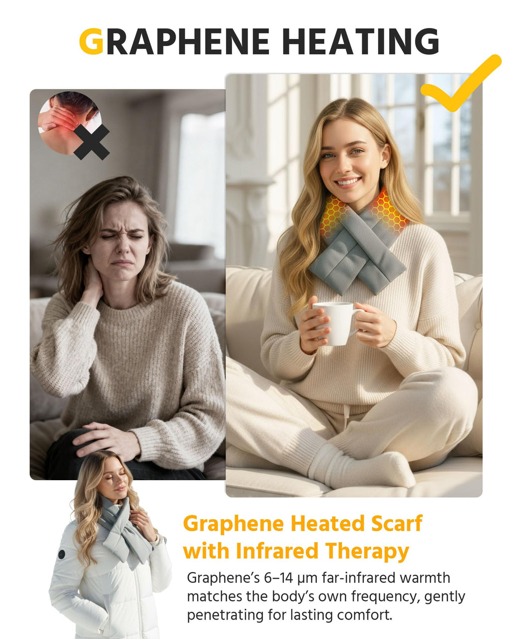 Wulcea Graphene Heated Scarf for Men Women 5V2A 6000mAh Fast Heating Long-Lasting Compact Battery