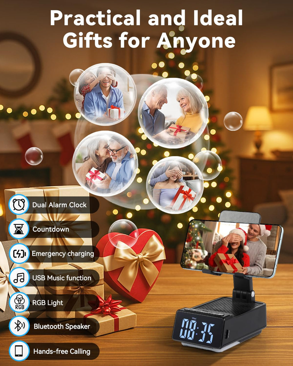 Gifts for Men Women - Cell Phone Stand with Bluetooth Speaker, Phone Holder with Charger (5000mAh), HD Surround Sound for Desk, Stocking Stuffers White Elephant Gift for Adults