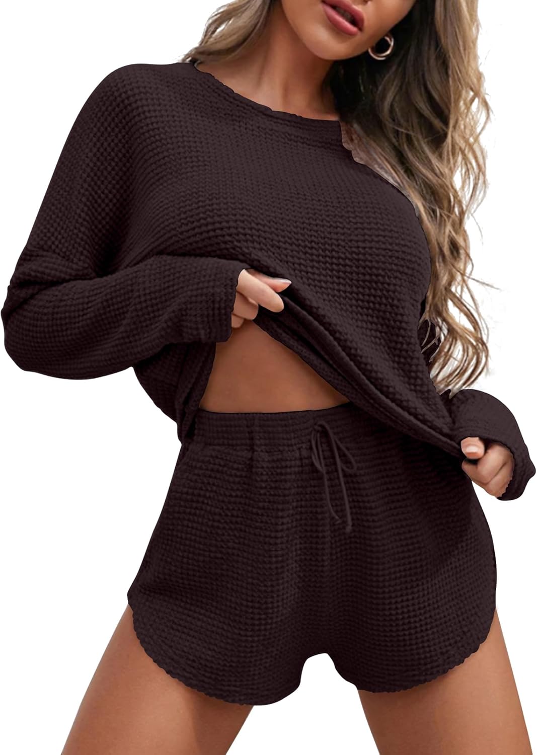 Ekouaer Womens Waffle Knit Pajama Sets Long Sleeve Top and Shorts Matching Lounge Set Loungewear Sweatsuit with Pockets