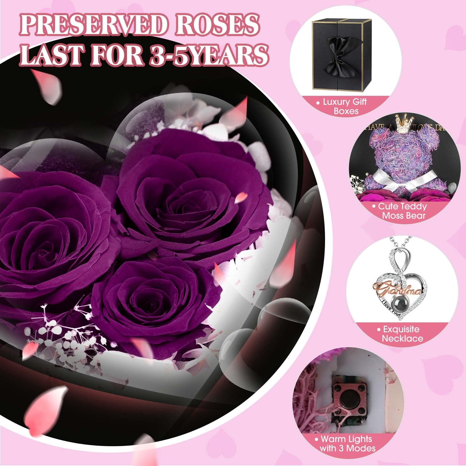 ADDWel Rose Gifts for Women Birthday Christmas - Preserved Real Roses Forever Red Flowers with I Love You in 100 Languages Necklace and Cute Moss Bear for Girlfriend Wife Mom Grandma