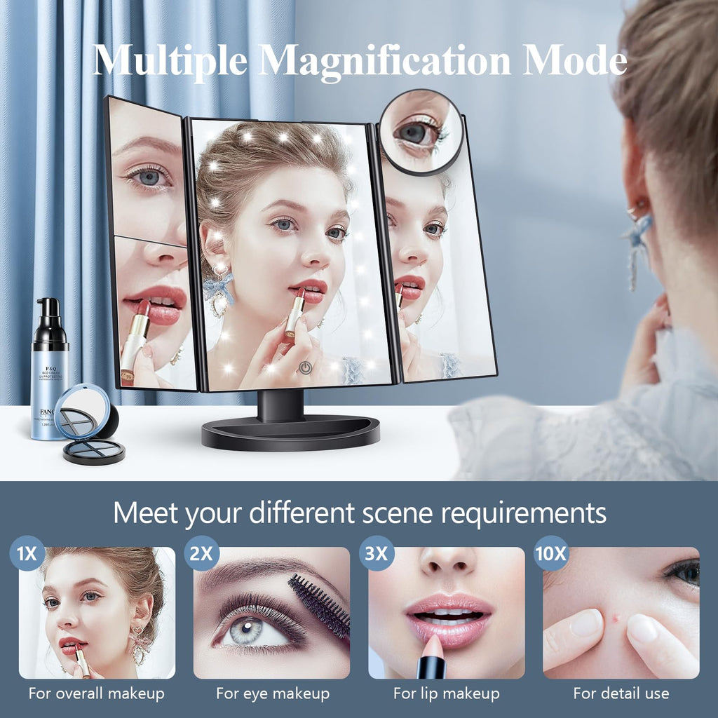 HUONUL Makeup Mirror Vanity Mirror with Lights, 2X, 3X, 10X Magnification, Touch Control, Trifold, White, 9.4" L x 13.4" W, Modern Style, Dresser Mount, Bathroom