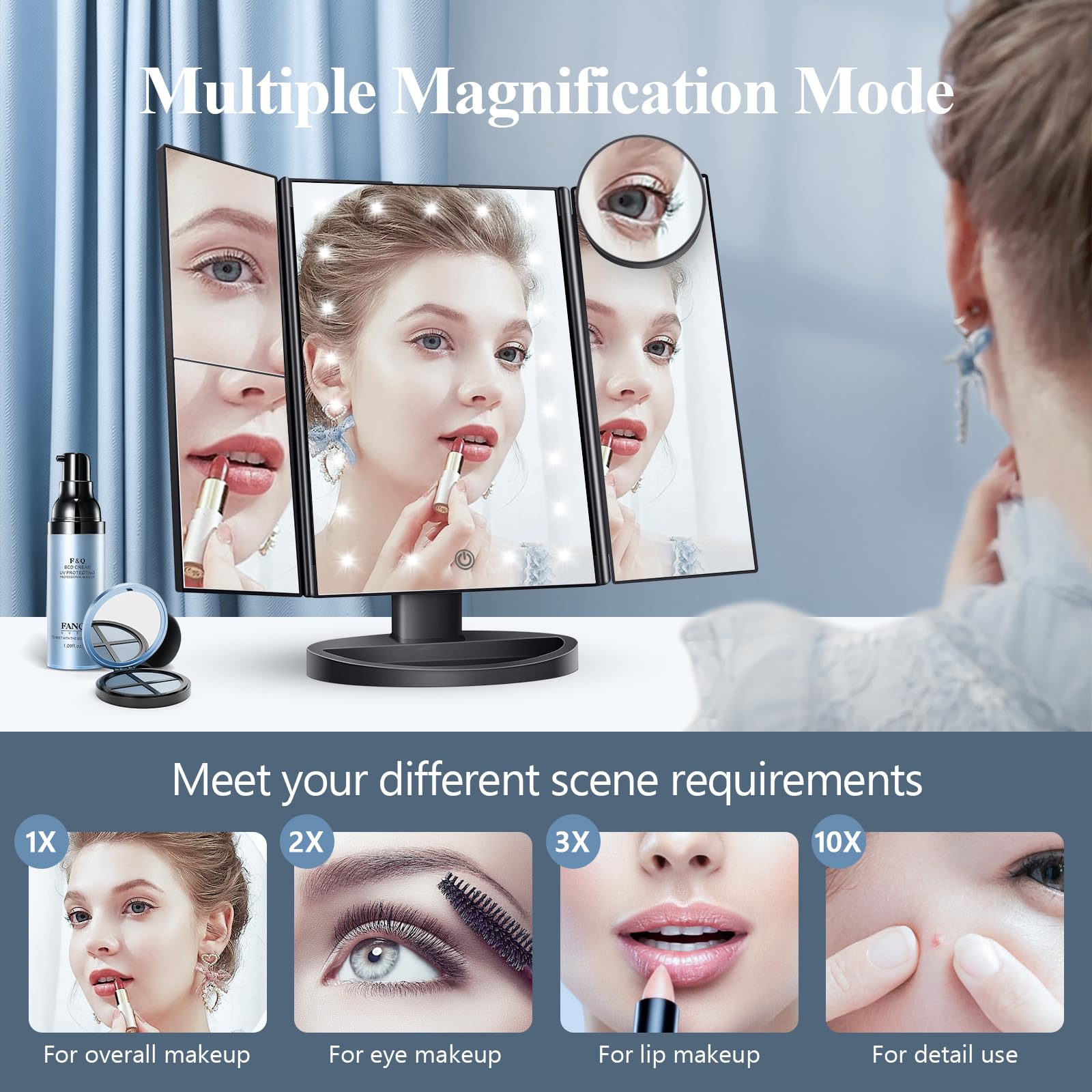 HUONUL Makeup Mirror Vanity Mirror with Lights, 2X, 3X, 10X Magnification, Touch Control, Trifold, White, 9.4" L x 13.4" W, Modern Style, Dresser Mount, Bathroom