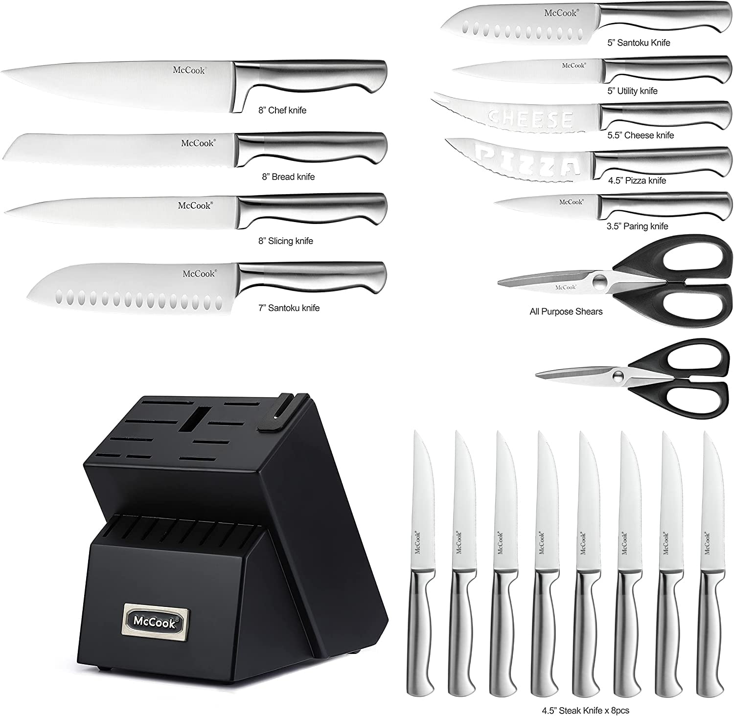 McCook® Knife Sets, German Stainless Steel Kitchen Knife Block Sets with Built-in Sharpener
