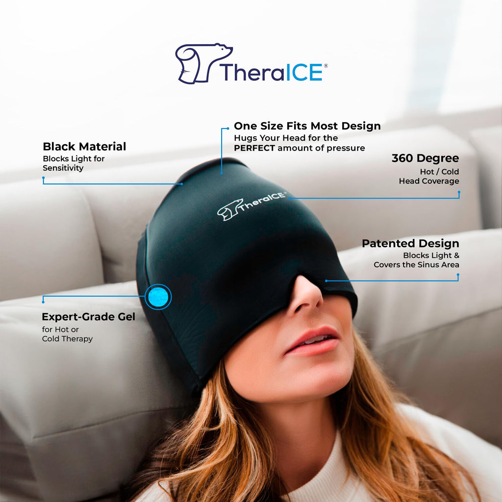 TheraICE Headache Relief Cap, Migraine Ice Pack Mask Products, Women Cooling Gel Hat, Face Cold Compress Head Wrap for Her Stress. Great Birthday Gift for Mom, Sister, Grandma, Girlfriend, & Teacher