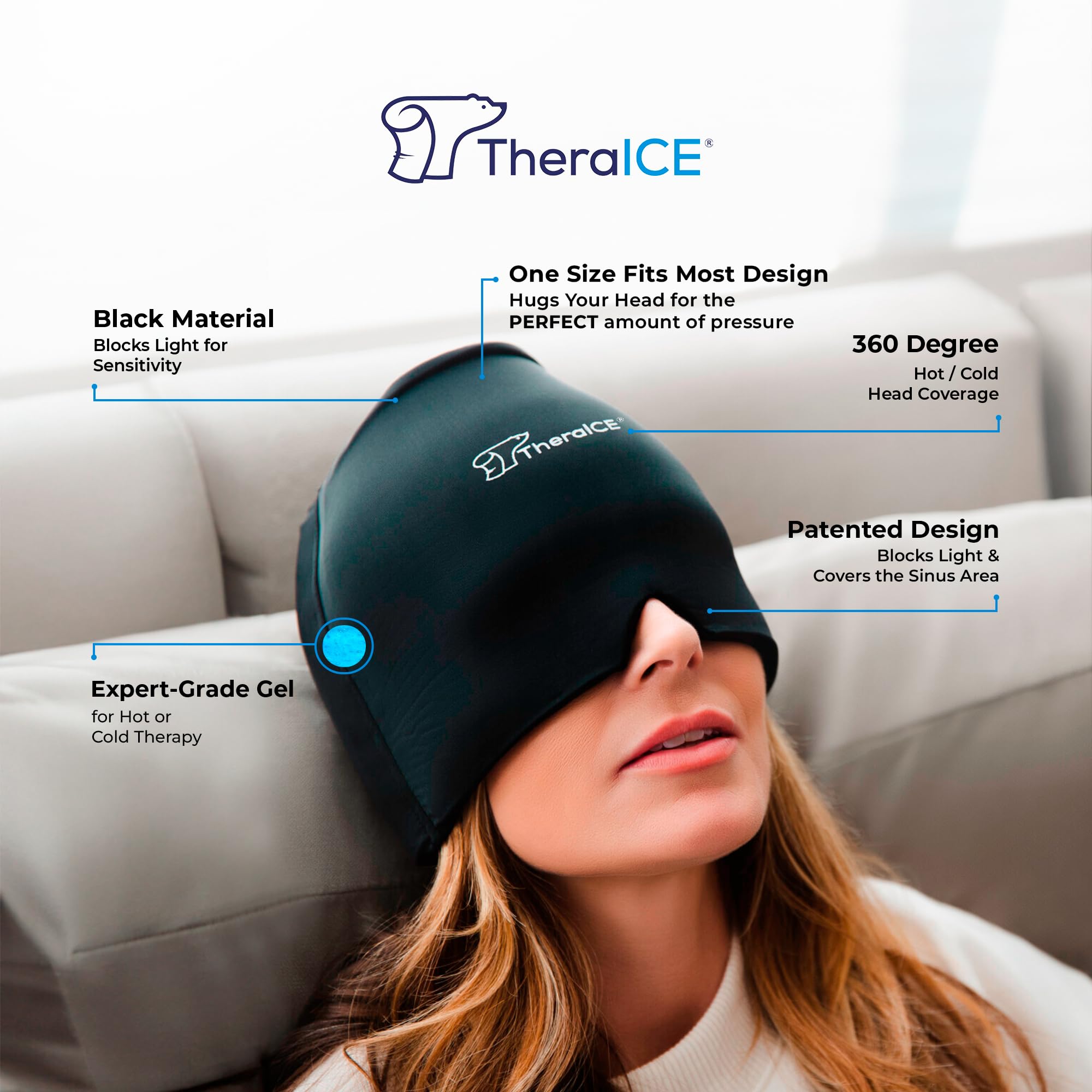 TheraICE Headache Relief Cap, Migraine Ice Pack Mask Products, Women Cooling Gel Hat, Face Cold Compress Head Wrap for Her Stress. Great Birthday Gift for Mom, Sister, Grandma, Girlfriend, & Teacher
