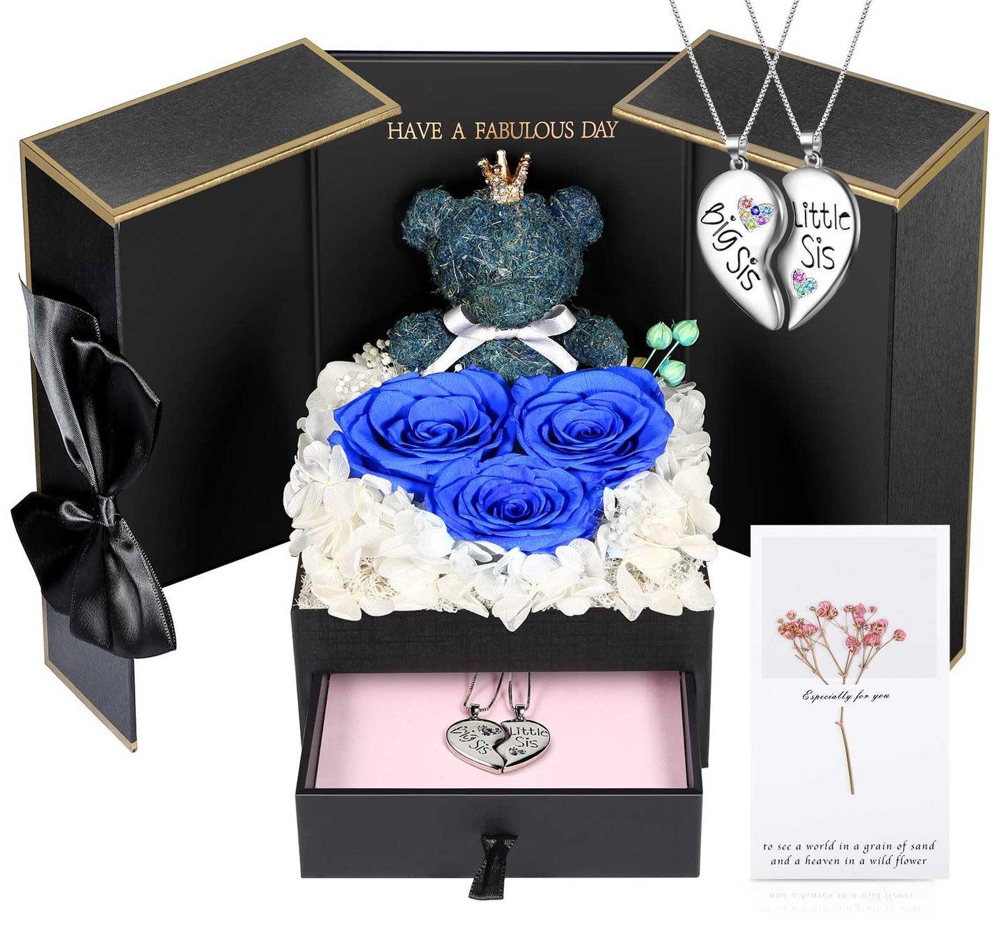 ADDWel Rose Gifts for Women Birthday Christmas - Preserved Real Roses Forever Red Flowers with I Love You in 100 Languages Necklace and Cute Moss Bear for Girlfriend Wife Mom Grandma