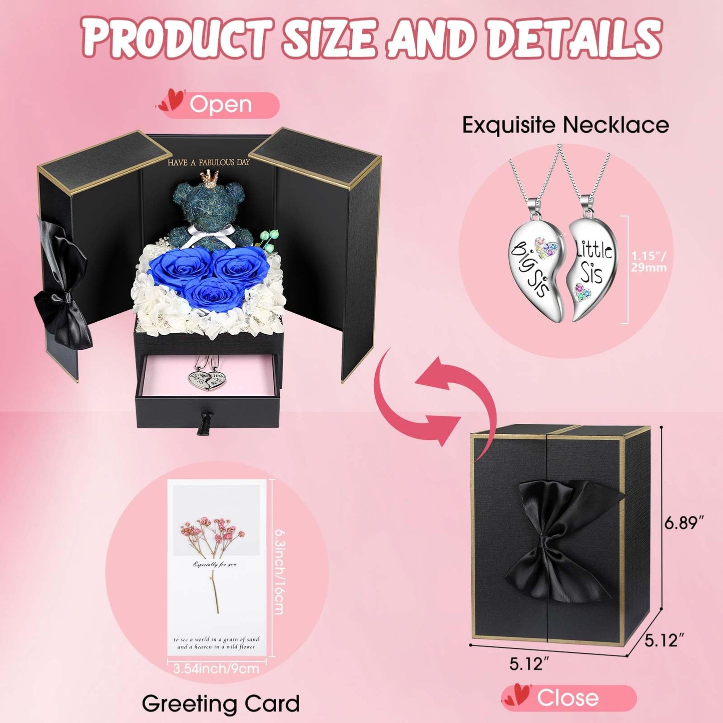 ADDWel Rose Gifts for Women Birthday Christmas - Preserved Real Roses Forever Red Flowers with I Love You in 100 Languages Necklace and Cute Moss Bear for Girlfriend Wife Mom Grandma