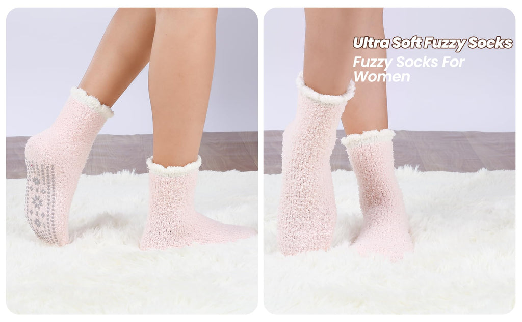HUGSWEET 6 Pairs Thick Fuzzy Socks with Grip Cozy Non Slip Hospital Socks Home Fluffy Warm Slipper Socks Gifts for Women