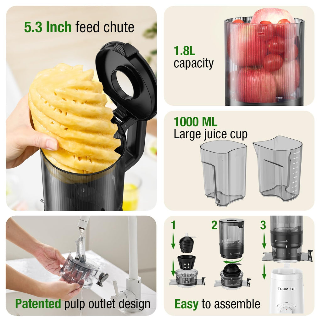 Juicer Machines, TUUMIIST Cold Press Juicer with 5.3" Extra Large Feed Chute Fit Whole Fruits & Vegetables Easy to Clean, High Juice Yield, BPA Free (Black)