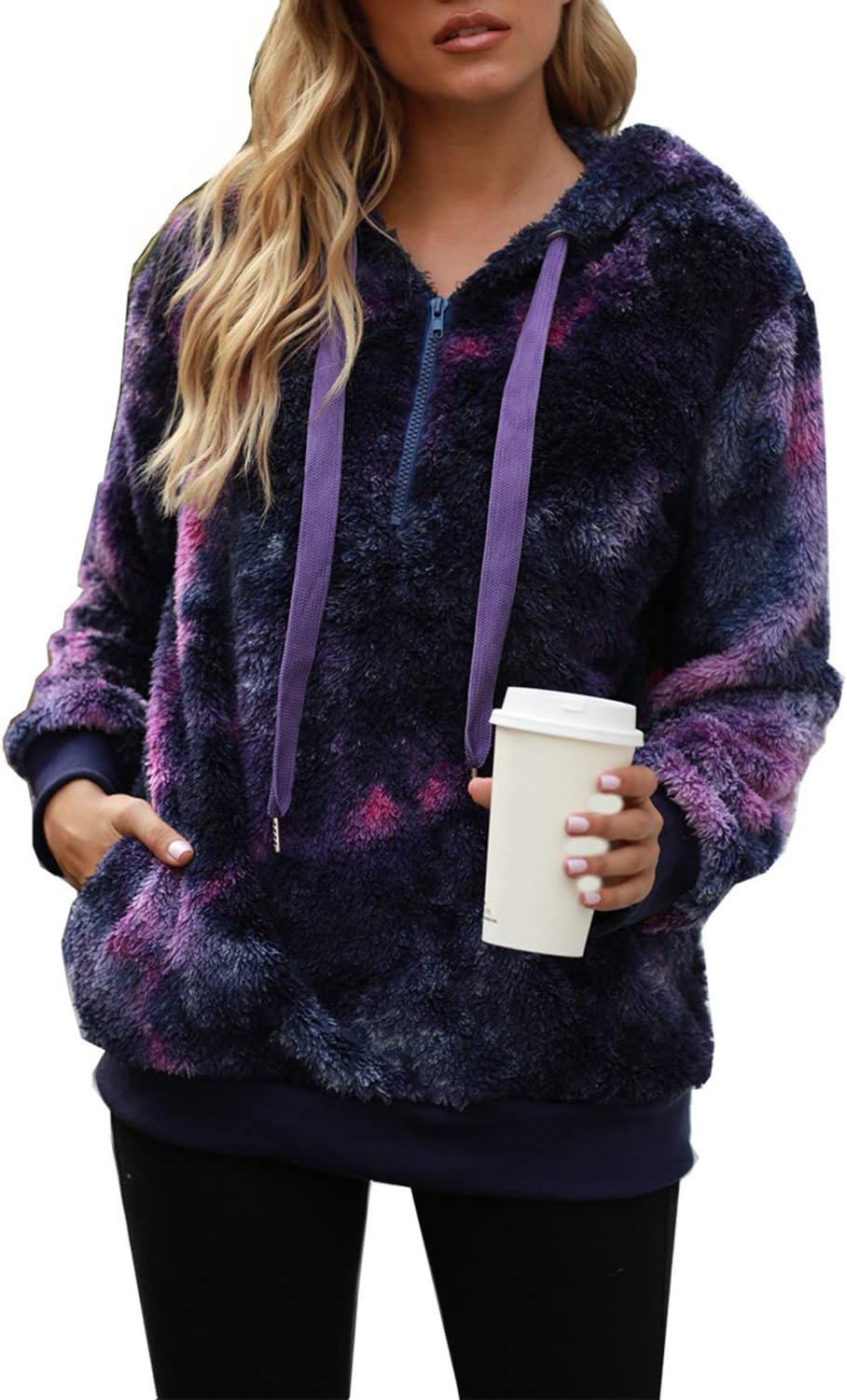 ReachMe Womens Oversized Sherpa Pullover Hoodie with Pockets Fuzzy Fleece Sweatshirt Plaid Fluffy Jacket Coat