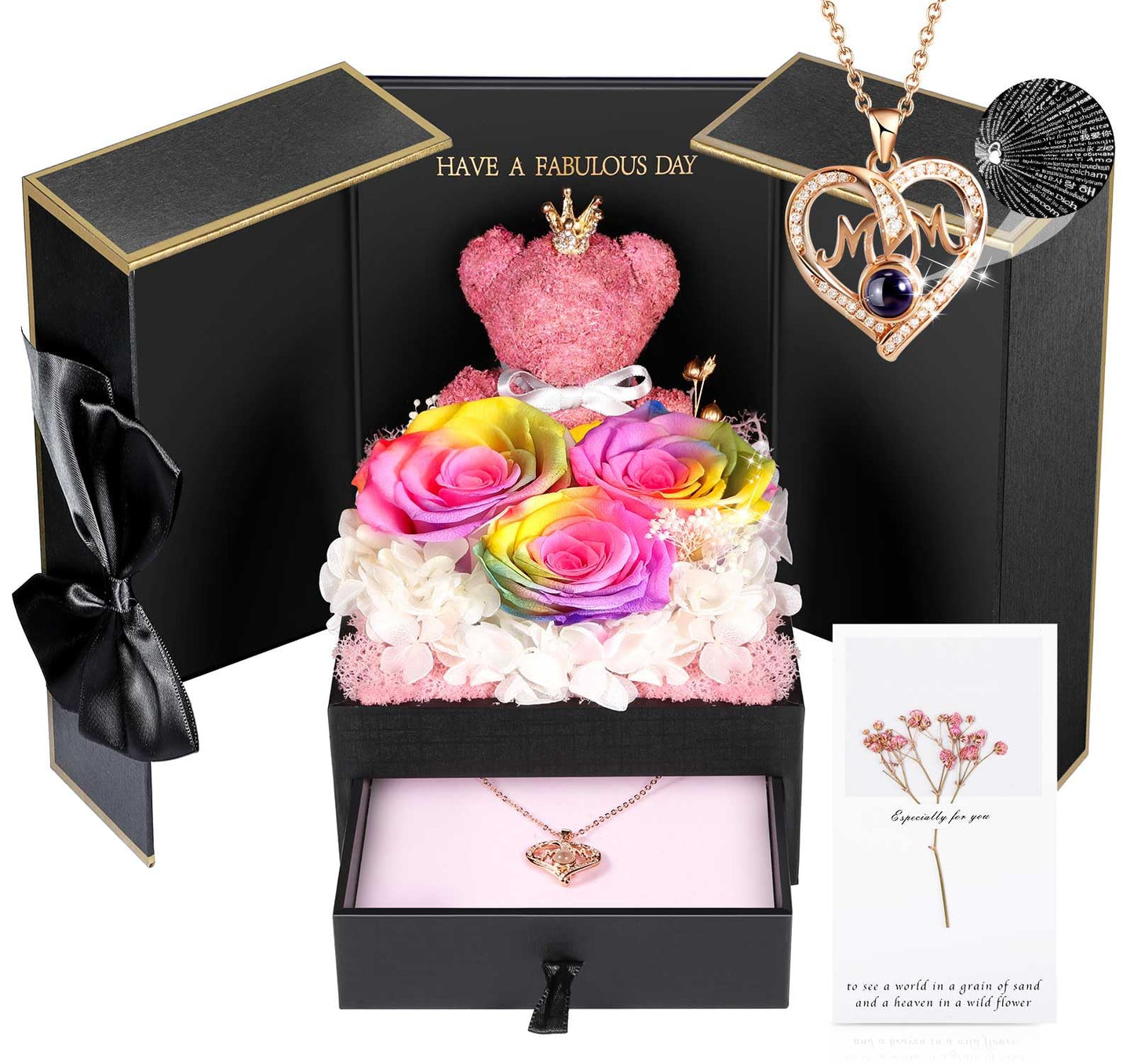 ADDWel Rose Gifts for Women Birthday Christmas - Preserved Real Roses Forever Red Flowers with I Love You in 100 Languages Necklace and Cute Moss Bear for Girlfriend Wife Mom Grandma