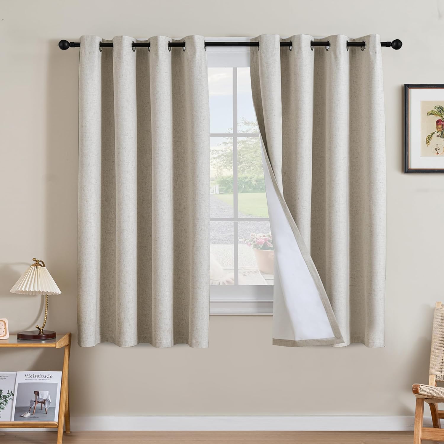 H.VERSAILTEX Linen 100% Blackout Curtains for Bedroom Full Light Blocking Curtains, Textured Window Curtain for Living Room 84 inch Grommet, Energy Efficient Curtains White Liner(2 Panels, Natural)