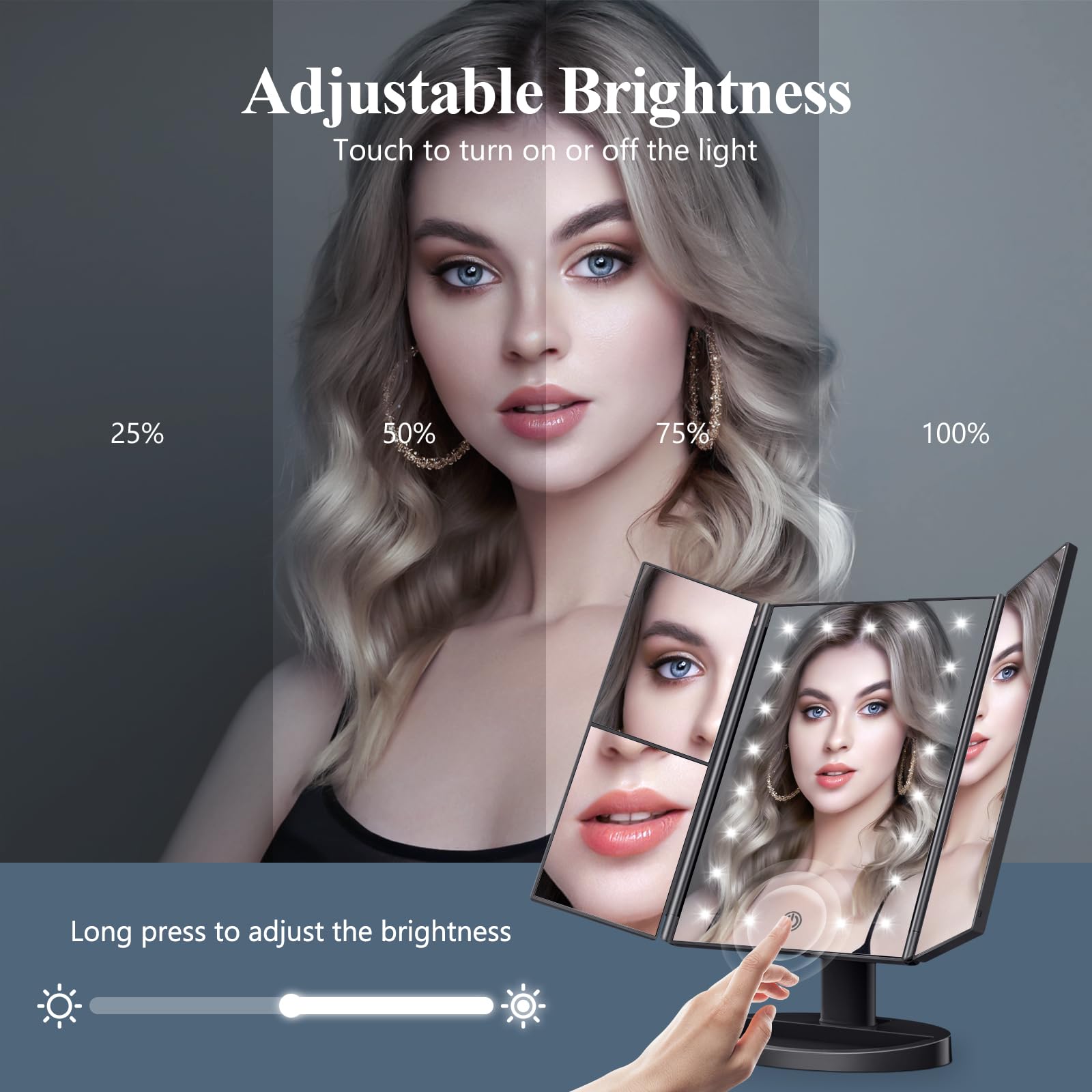 HUONUL Makeup Mirror Vanity Mirror with Lights, 2X, 3X, 10X Magnification, Touch Control, Trifold, White, 9.4" L x 13.4" W, Modern Style, Dresser Mount, Bathroom