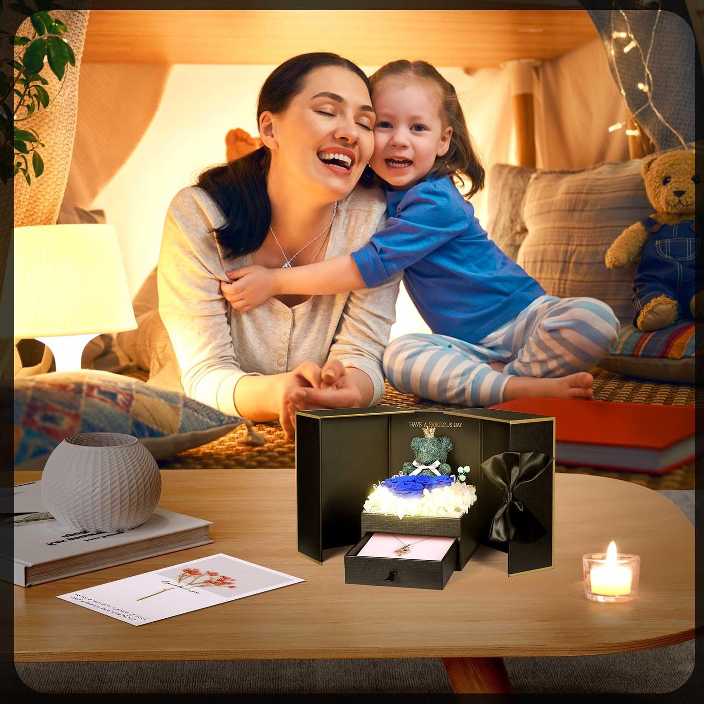 ADDWel Rose Gifts for Women Birthday Christmas - Preserved Real Roses Forever Red Flowers with I Love You in 100 Languages Necklace and Cute Moss Bear for Girlfriend Wife Mom Grandma