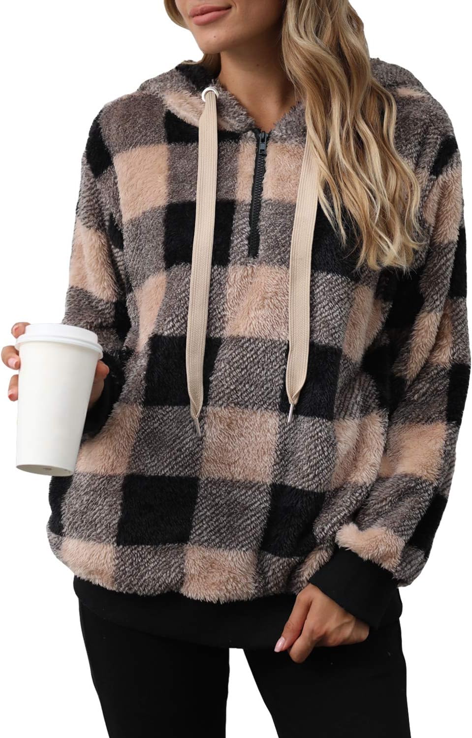 ReachMe Womens Oversized Sherpa Pullover Hoodie with Pockets Fuzzy Fleece Sweatshirt Plaid Fluffy Jacket Coat