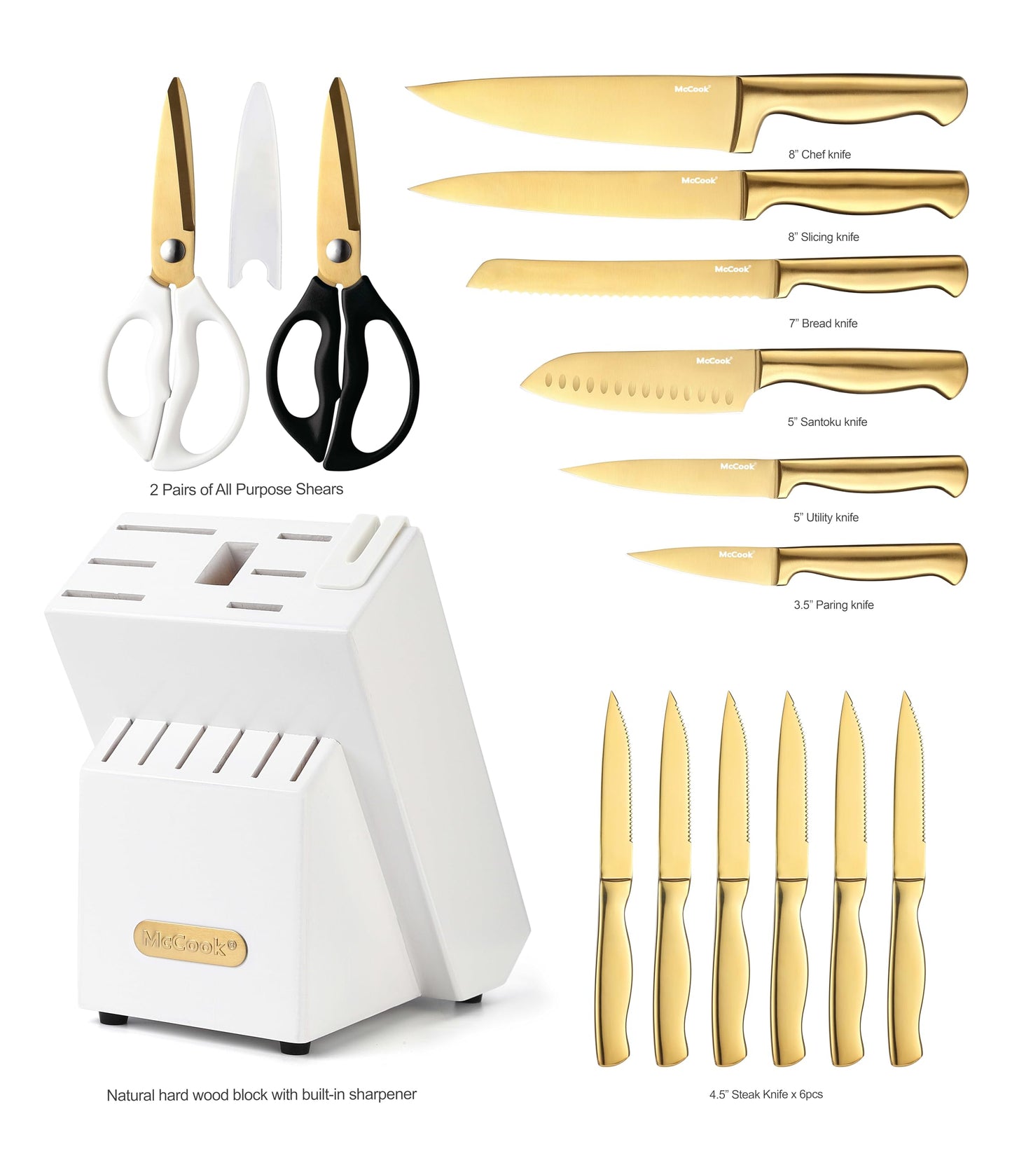 McCook® Knife Sets, German Stainless Steel Kitchen Knife Block Sets with Built-in Sharpener