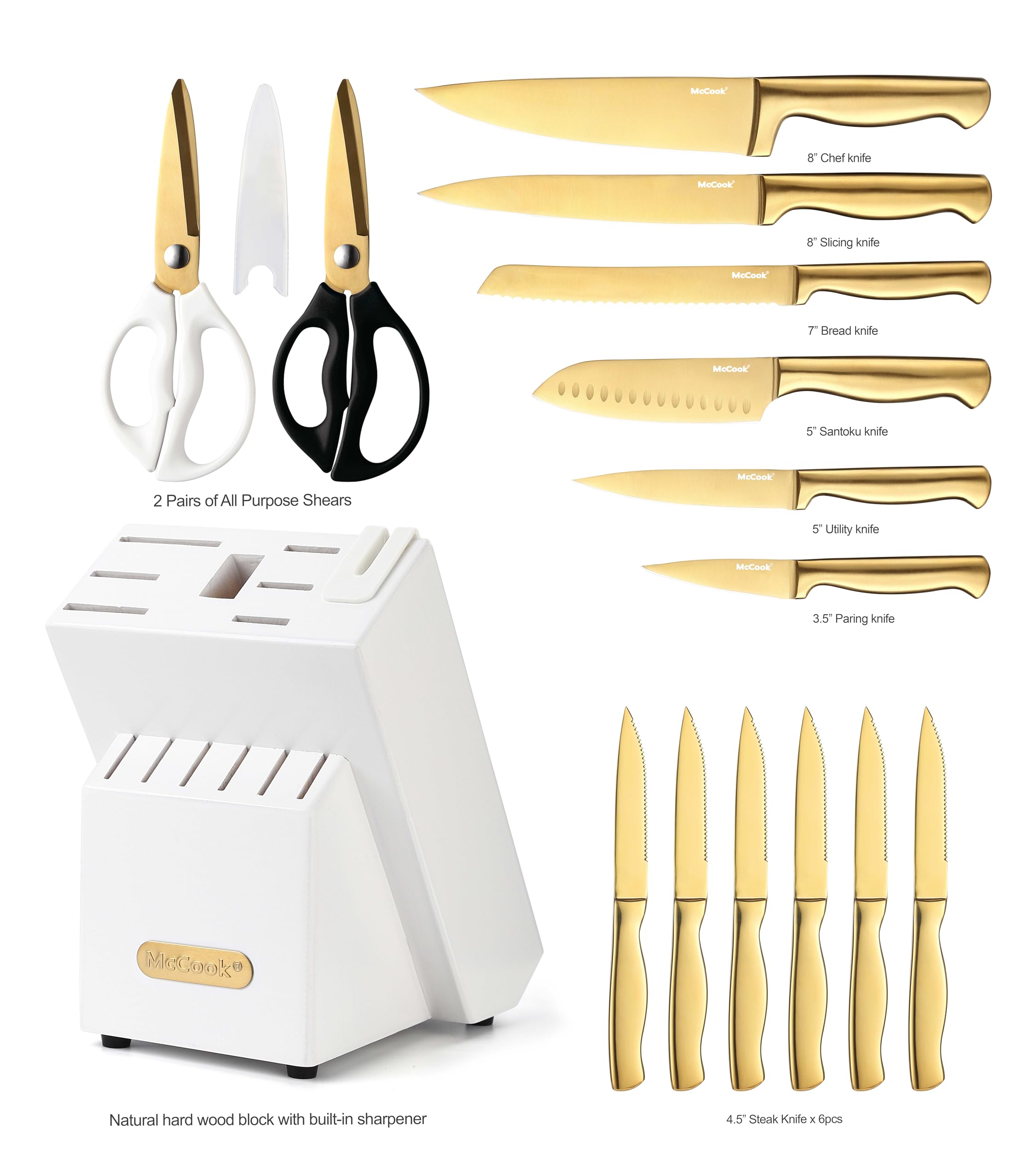 McCook® Knife Sets, German Stainless Steel Kitchen Knife Block Sets with Built-in Sharpener