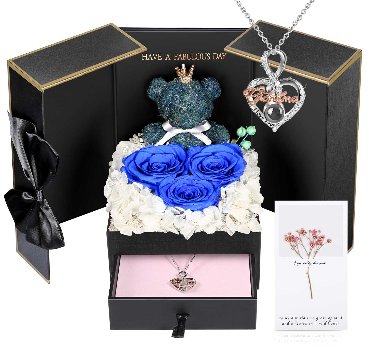 ADDWel Rose Gifts for Women Birthday Christmas - Preserved Real Roses Forever Red Flowers with I Love You in 100 Languages Necklace and Cute Moss Bear for Girlfriend Wife Mom Grandma