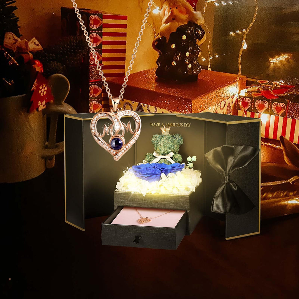 ADDWel Rose Gifts for Women Birthday Christmas - Preserved Real Roses Forever Red Flowers with I Love You in 100 Languages Necklace and Cute Moss Bear for Girlfriend Wife Mom Grandma