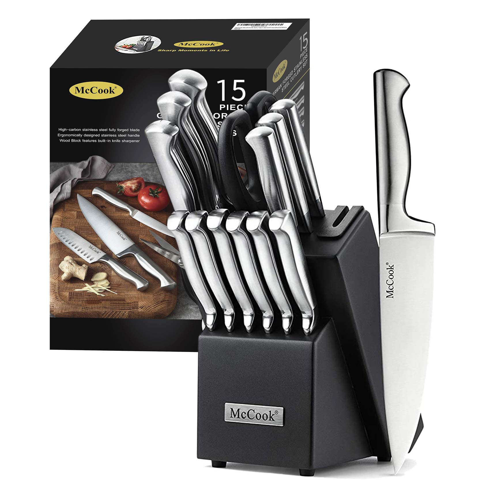 McCook® Knife Sets, German Stainless Steel Kitchen Knife Block Sets with Built-in Sharpener