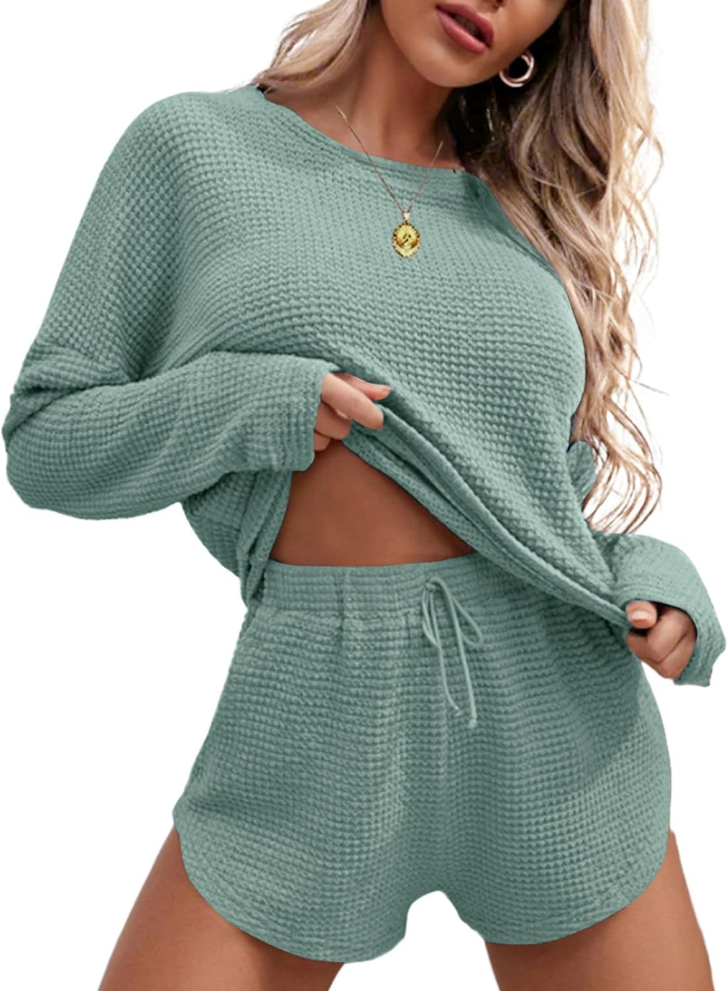 Ekouaer Womens Waffle Knit Pajama Sets Long Sleeve Top and Shorts Matching Lounge Set Loungewear Sweatsuit with Pockets