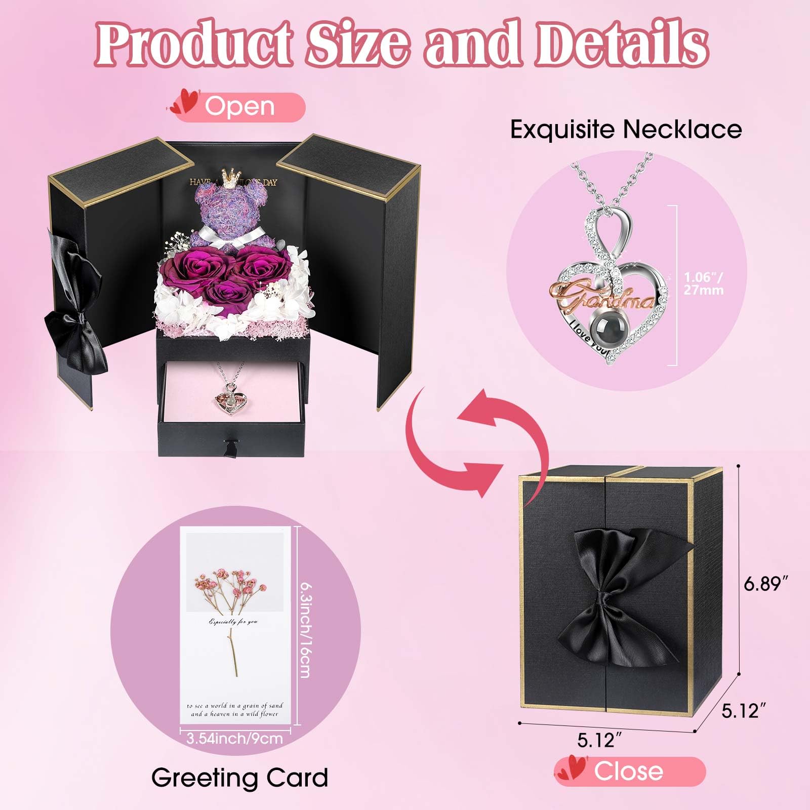 ADDWel Rose Gifts for Women Birthday Christmas - Preserved Real Roses Forever Red Flowers with I Love You in 100 Languages Necklace and Cute Moss Bear for Girlfriend Wife Mom Grandma