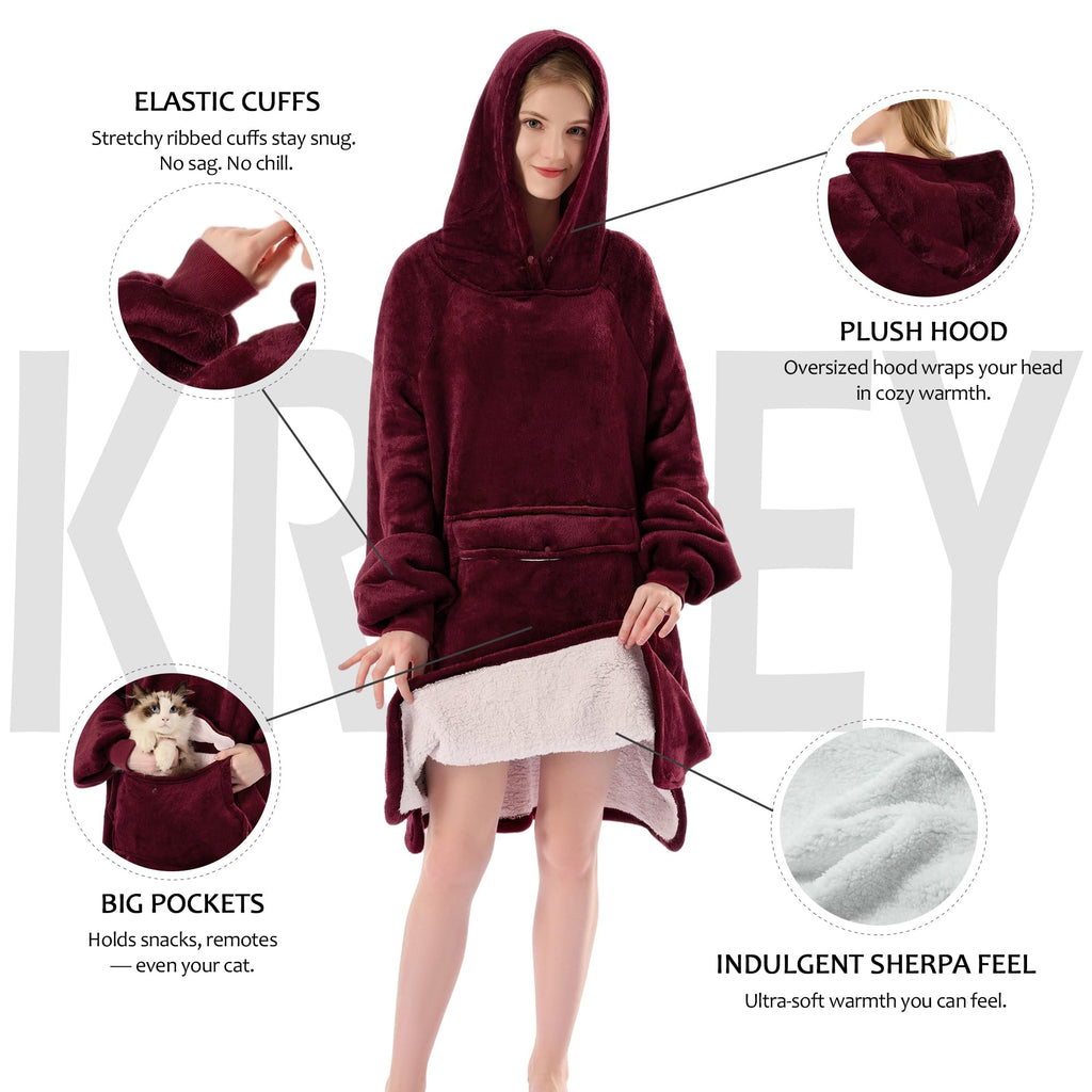 Krifey Wearable Blanket Hoodie, Oversized Sherpa Fleece Sweatshirt with Giant Pocket, Birthday Gifts for Women, Warm Christmas Gift for Mom, Wife, or Girlfriend