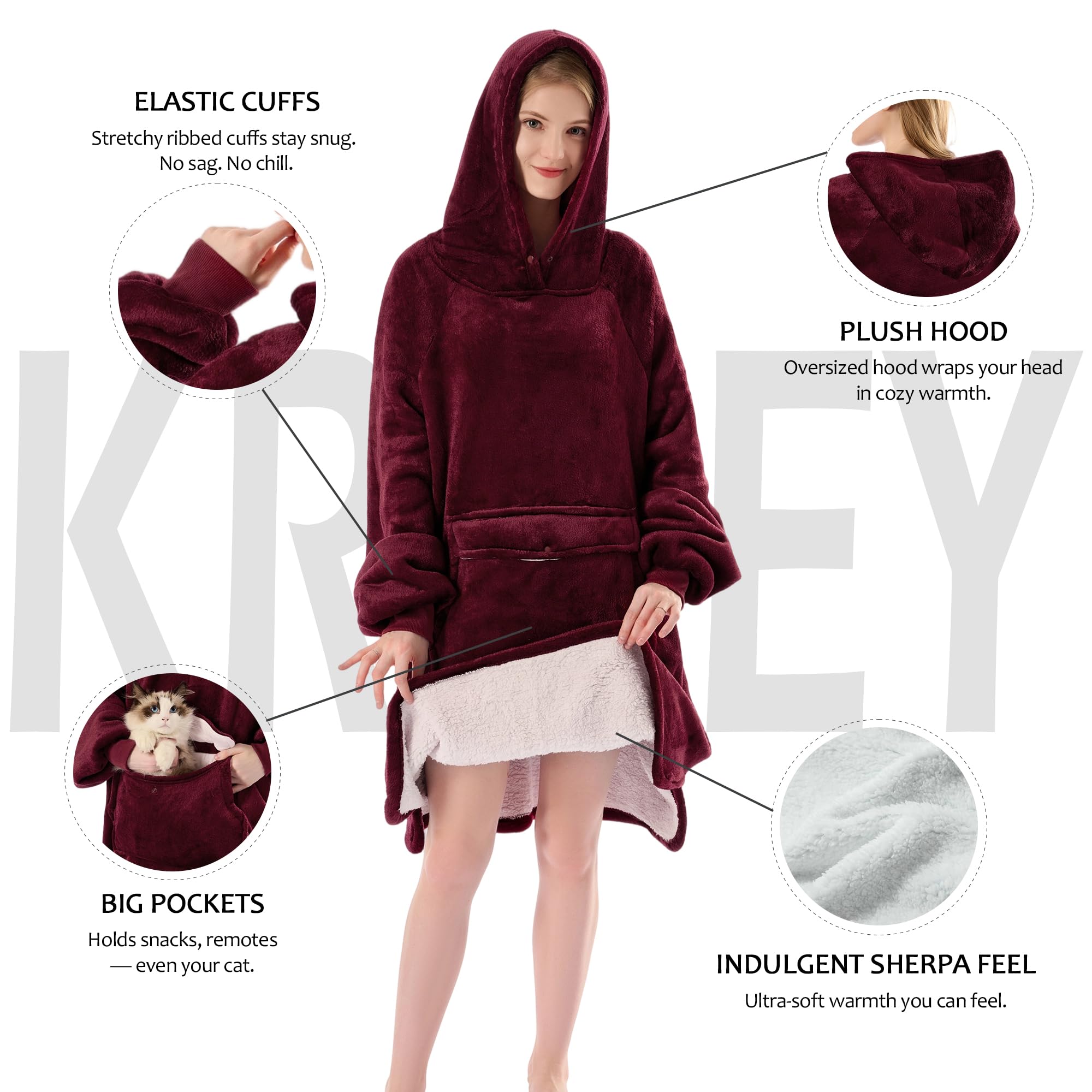 Krifey Wearable Blanket Hoodie, Oversized Sherpa Fleece Sweatshirt with Giant Pocket, Birthday Gifts for Women, Warm Christmas Gift for Mom, Wife, or Girlfriend