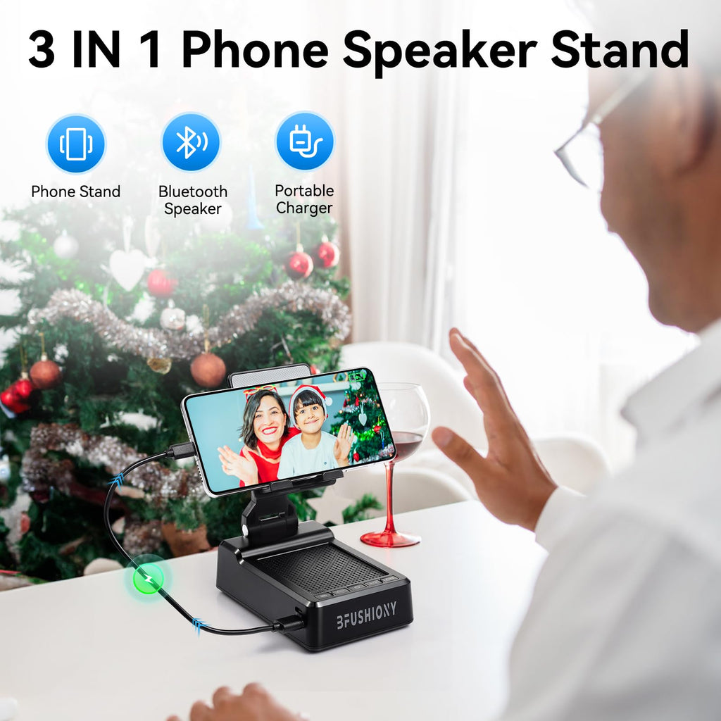 Gifts for Men Women - Cell Phone Stand with Bluetooth Speaker, Phone Holder with Charger (5000mAh), HD Surround Sound for Desk, Stocking Stuffers White Elephant Gift for Adults