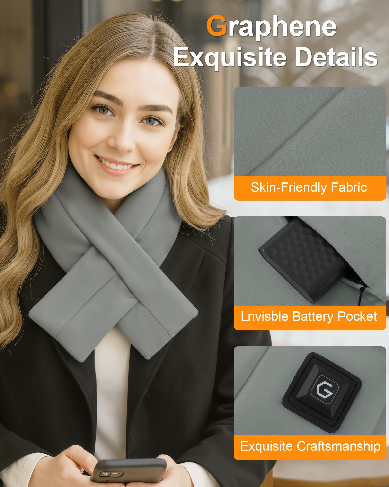 Wulcea Graphene Heated Scarf for Men Women 5V2A 6000mAh Fast Heating Long-Lasting Compact Battery