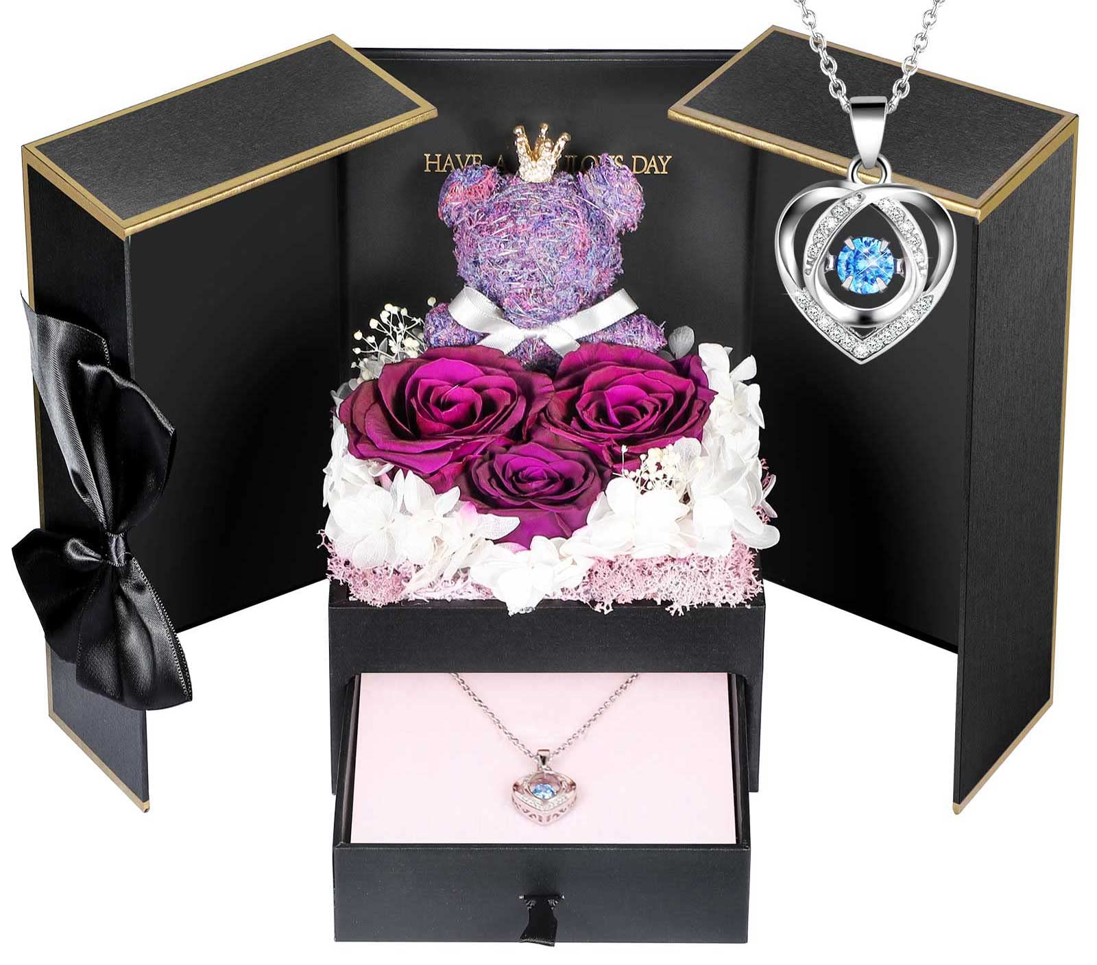 ADDWel Rose Gifts for Women Birthday Christmas - Preserved Real Roses Forever Red Flowers with I Love You in 100 Languages Necklace and Cute Moss Bear for Girlfriend Wife Mom Grandma