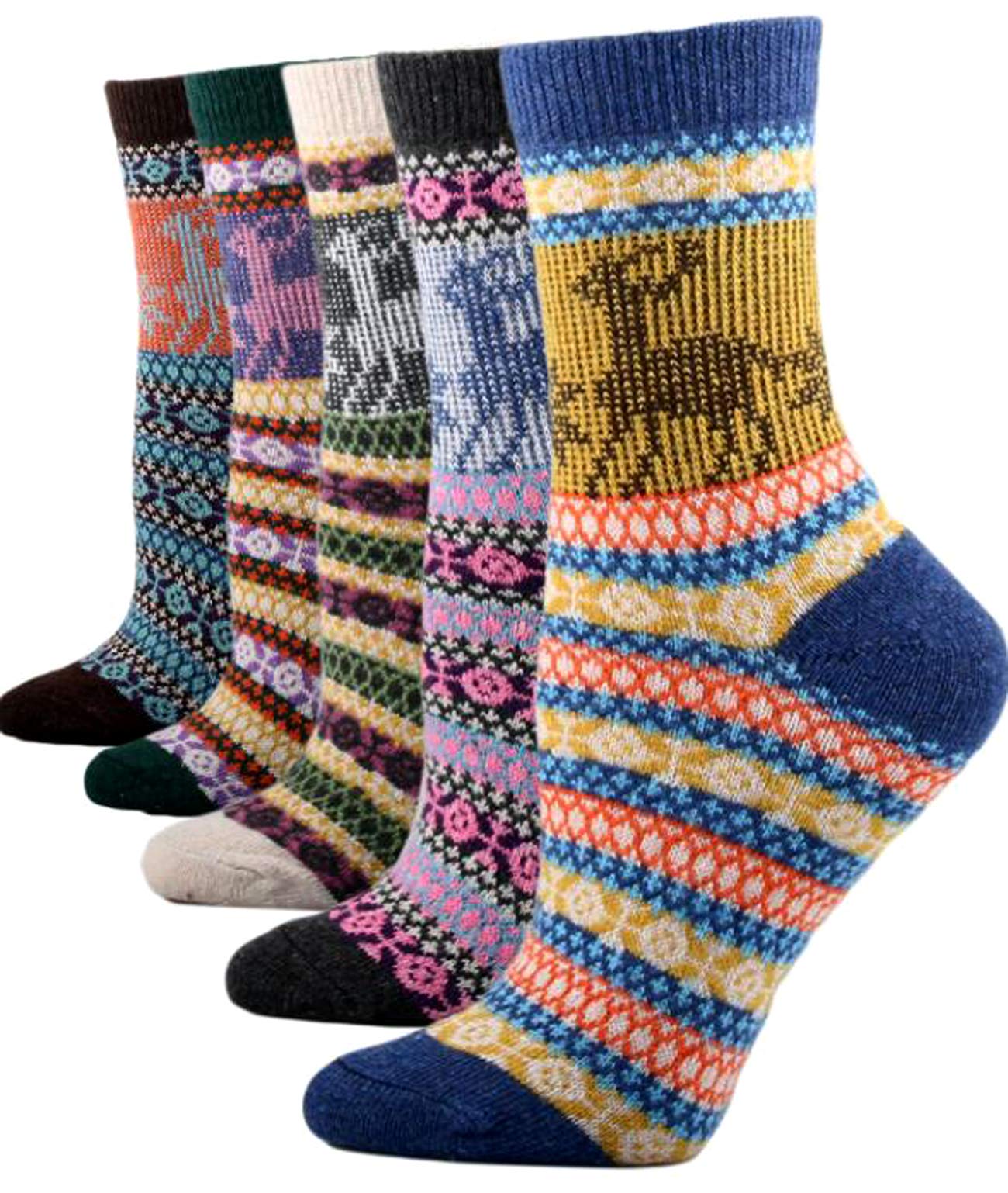 YZKKE 5Pack Womens Vintage Winter Soft Warm Thick Cold Knit Wool Crew Socks, Multicolor, free size
