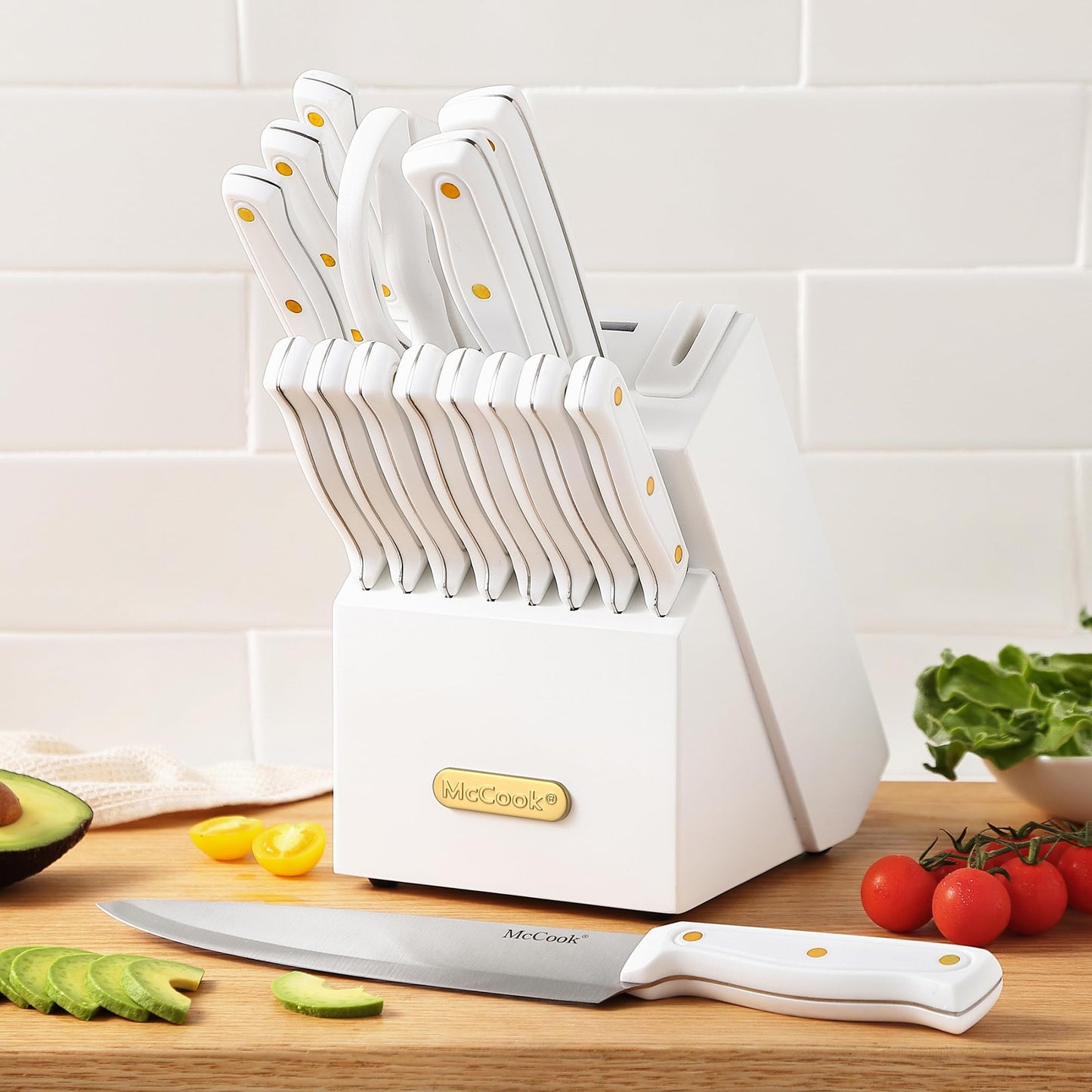 McCook® Knife Sets, German Stainless Steel Kitchen Knife Block Sets with Built-in Sharpener
