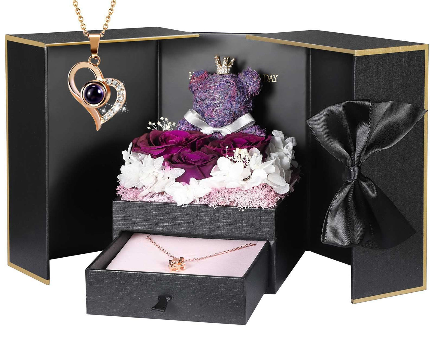 ADDWel Rose Gifts for Women Birthday Christmas - Preserved Real Roses Forever Red Flowers with I Love You in 100 Languages Necklace and Cute Moss Bear for Girlfriend Wife Mom Grandma