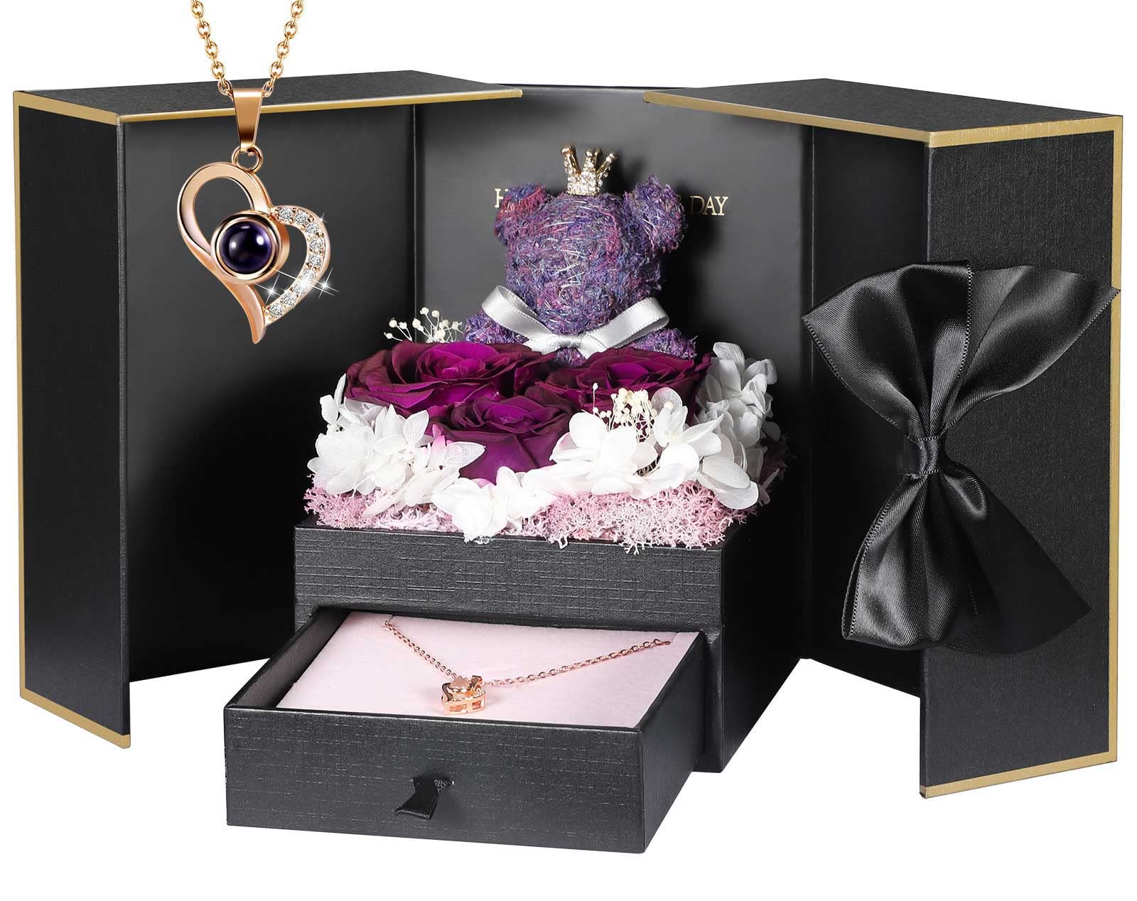 ADDWel Rose Gifts for Women Birthday Christmas - Preserved Real Roses Forever Red Flowers with I Love You in 100 Languages Necklace and Cute Moss Bear for Girlfriend Wife Mom Grandma
