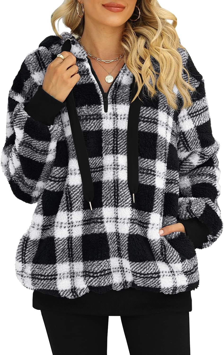 ReachMe Womens Oversized Sherpa Pullover Hoodie with Pockets Fuzzy Fleece Sweatshirt Plaid Fluffy Jacket Coat
