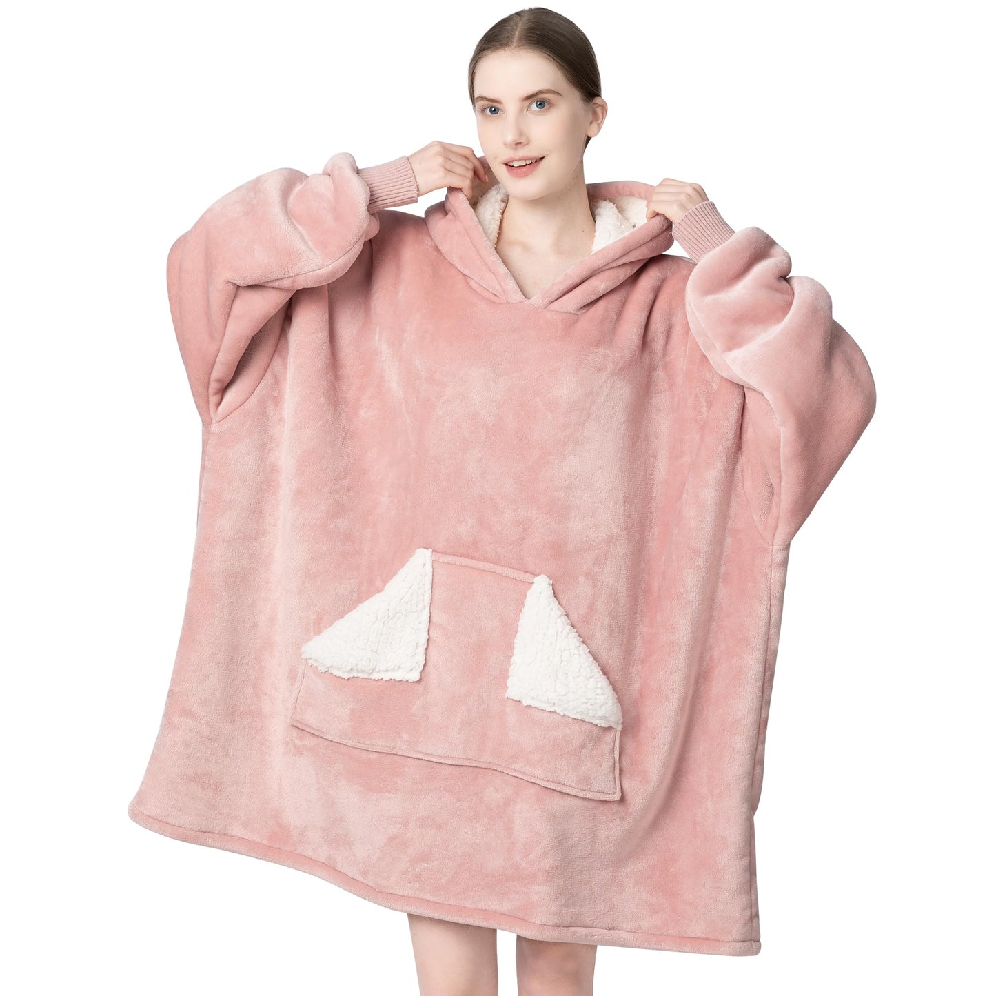 Touchat Wearable Blanket Hoodie, Oversized Sherpa Fleece Sweatshirt Blanket with Giant Hood Pocket and Sleeves for Adult, Warm & Cozy Grey Blanket Gifts for Women