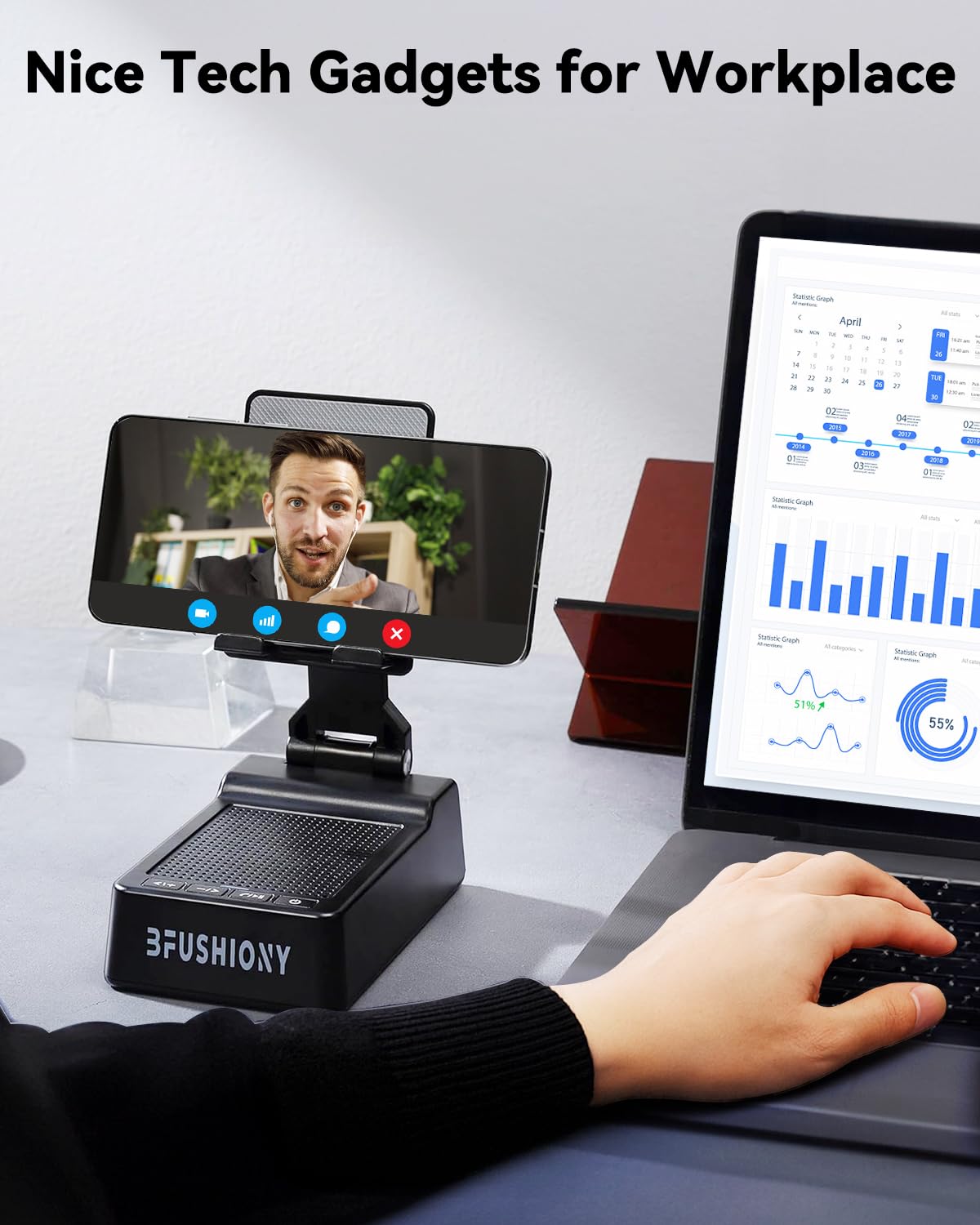 Gifts for Men Women - Cell Phone Stand with Bluetooth Speaker, Phone Holder with Charger (5000mAh), HD Surround Sound for Desk, Stocking Stuffers White Elephant Gift for Adults