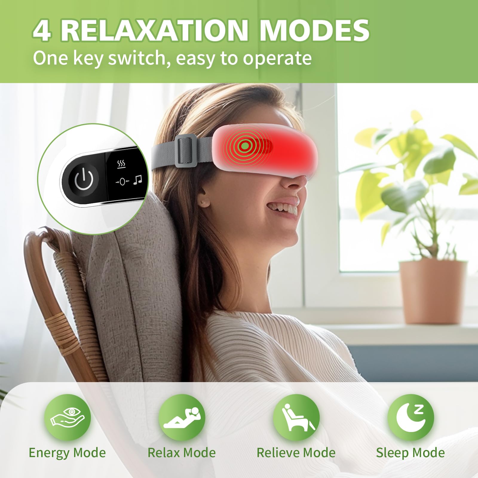 NOWWISH Eye Massager with Heat, Vibration and Bluetooth Music for Migraine Headache Eye Strain Relief, Cordless Heated Eye Mask with 4 Massage Modes, Relaxation -Christmas Gifts for Women Men -White