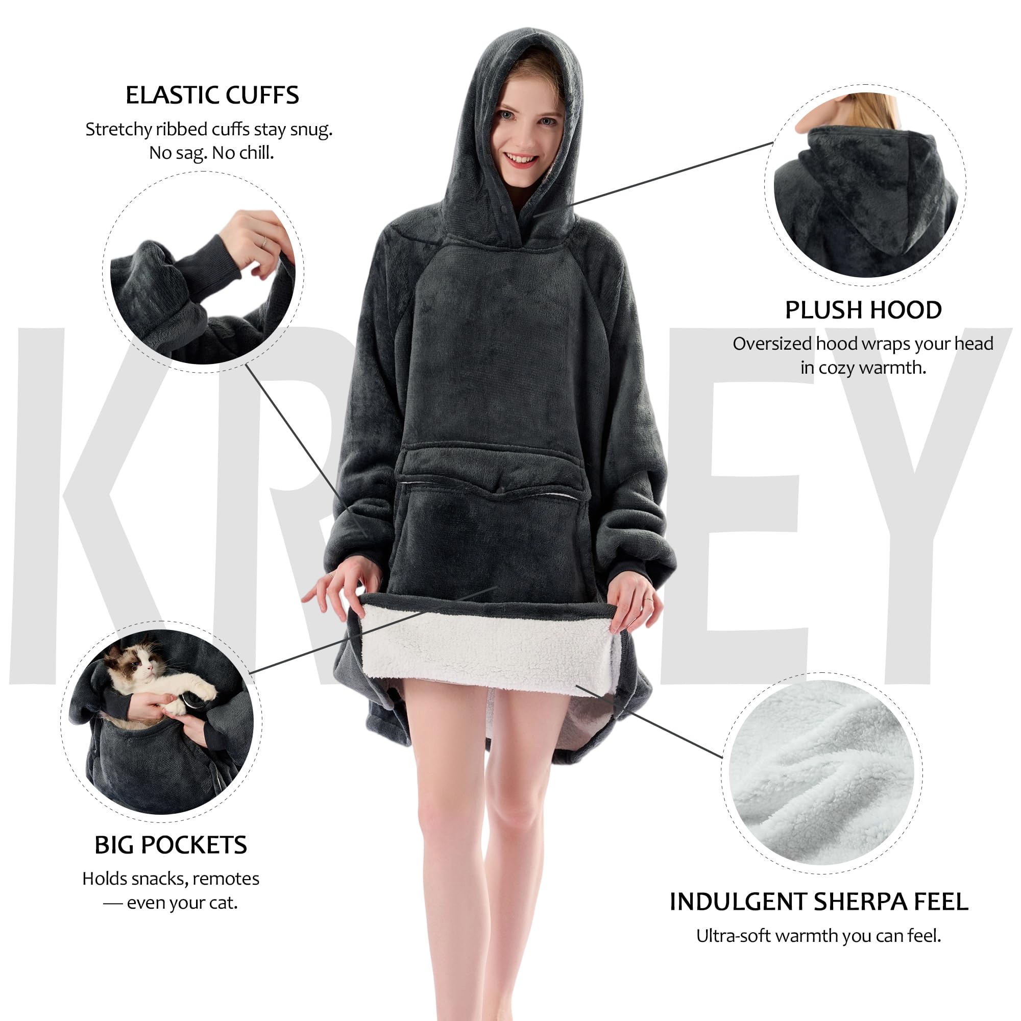 Krifey Wearable Blanket Hoodie, Oversized Sherpa Fleece Sweatshirt with Giant Pocket, Birthday Gifts for Women, Warm Christmas Gift for Mom, Wife, or Girlfriend