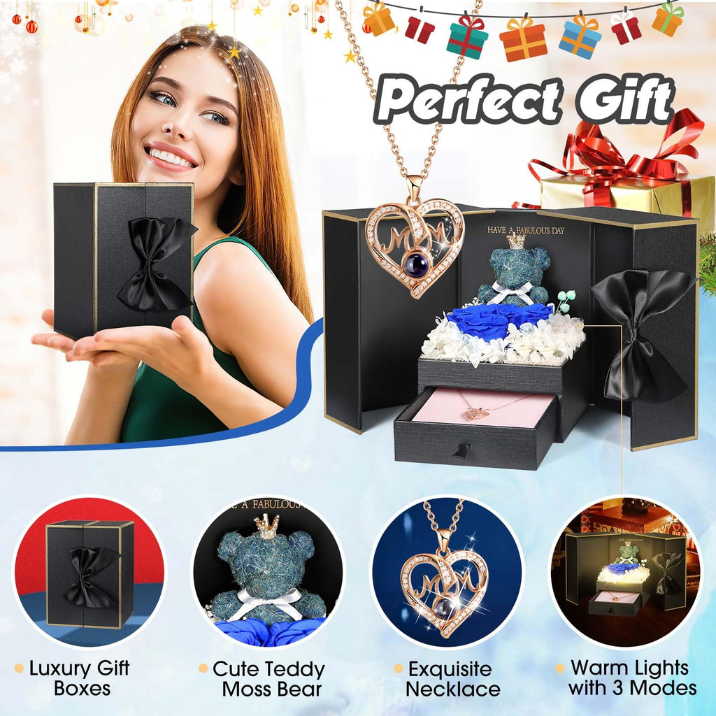 ADDWel Rose Gifts for Women Birthday Christmas - Preserved Real Roses Forever Red Flowers with I Love You in 100 Languages Necklace and Cute Moss Bear for Girlfriend Wife Mom Grandma