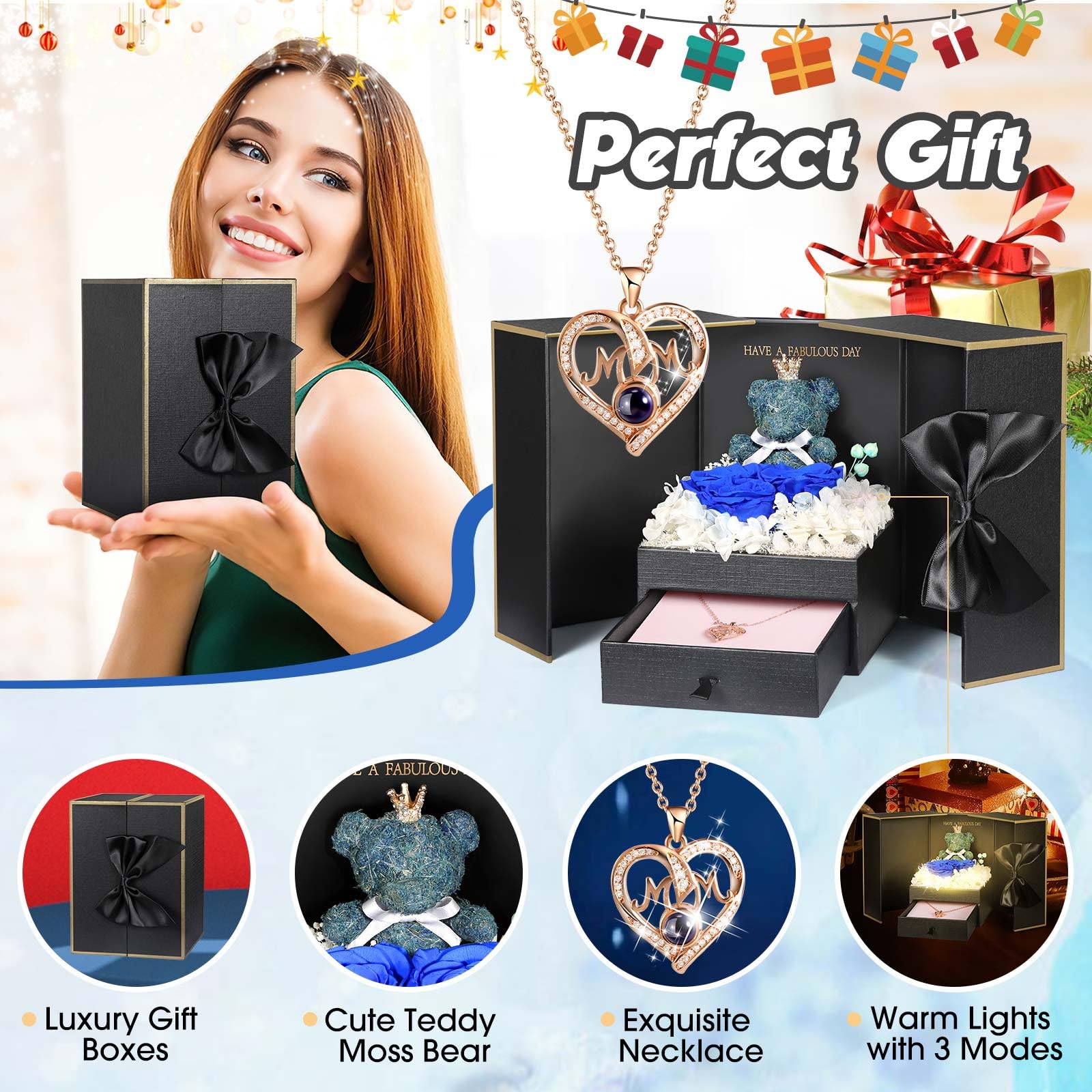 ADDWel Rose Gifts for Women Birthday Christmas - Preserved Real Roses Forever Red Flowers with I Love You in 100 Languages Necklace and Cute Moss Bear for Girlfriend Wife Mom Grandma